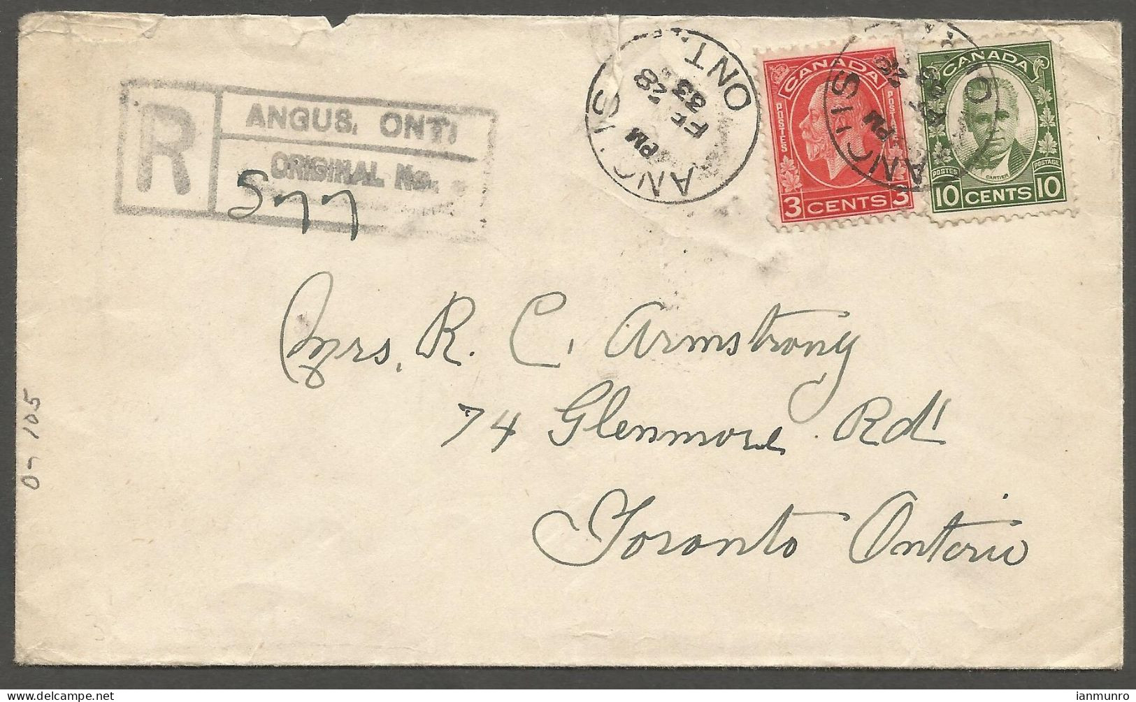 1933 Registered Cover 13c Cartier/Medallion RPO CDS Angus Ontario To Toronto - Histoire Postale