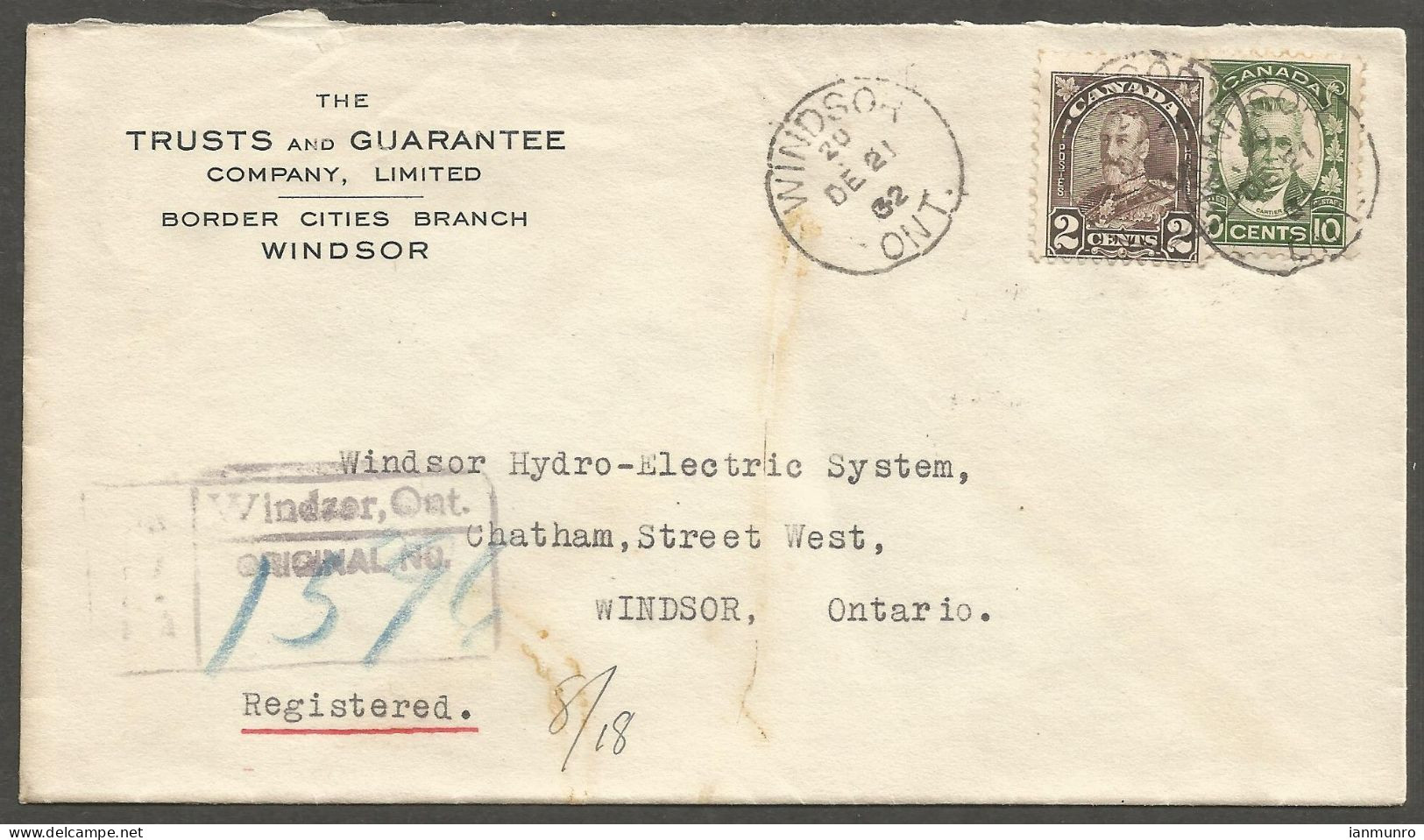 1932 Registered Cover 12c Arch/Cartier CDS Windsor Ontario Local - Histoire Postale