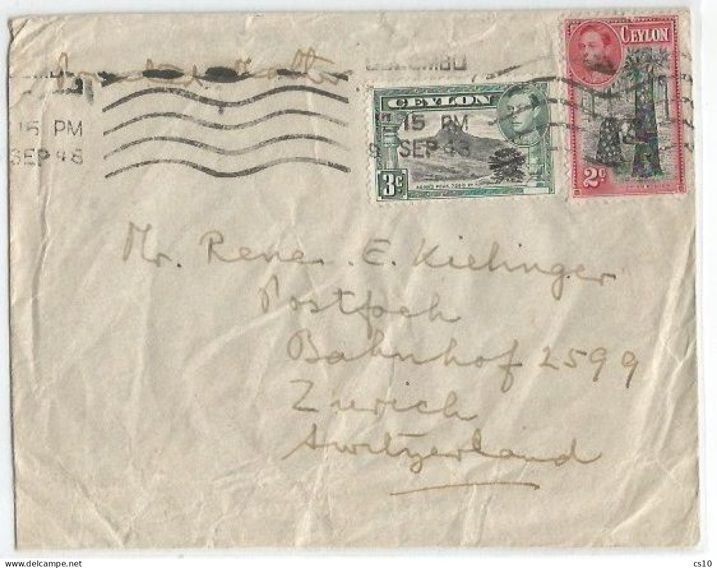 Ceylon Open Cover 9sep1948 Colombo X Suisse With C3 + C2 King George VI - Sri Lanka (Ceylon) (1948-...)