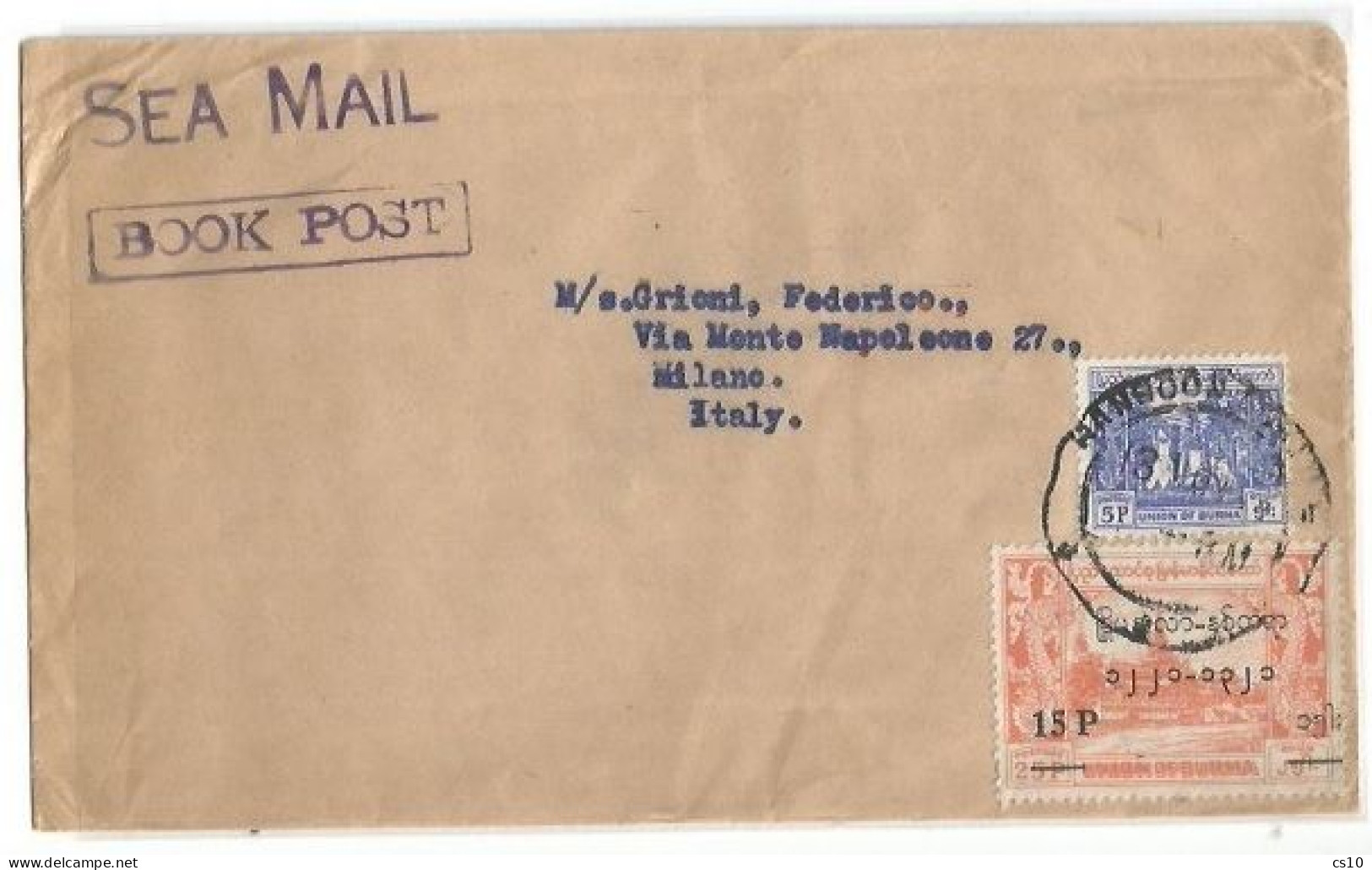 Burma Sea Mail Book Post Cover Rangoon 13nov1954 With P5 + Provisional OVPT 15p/25p ( Misplaced ) - Myanmar (Burma 1948-...)