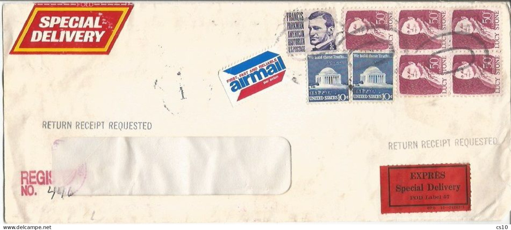 USA Reg. Airmail Express Sp.Delivery Cv + Return Receipt Requested Port Jeffereson NY 30aug1976 To Italy 3sep Rate 2$73 - Express & Einschreiben