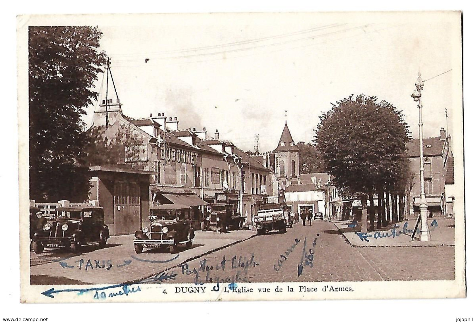 Dugny - L'église Vue De La Place D'Armes - Anotations Pour Guider Un Parent Qui Rend Visite à Un Militaire - Dugny