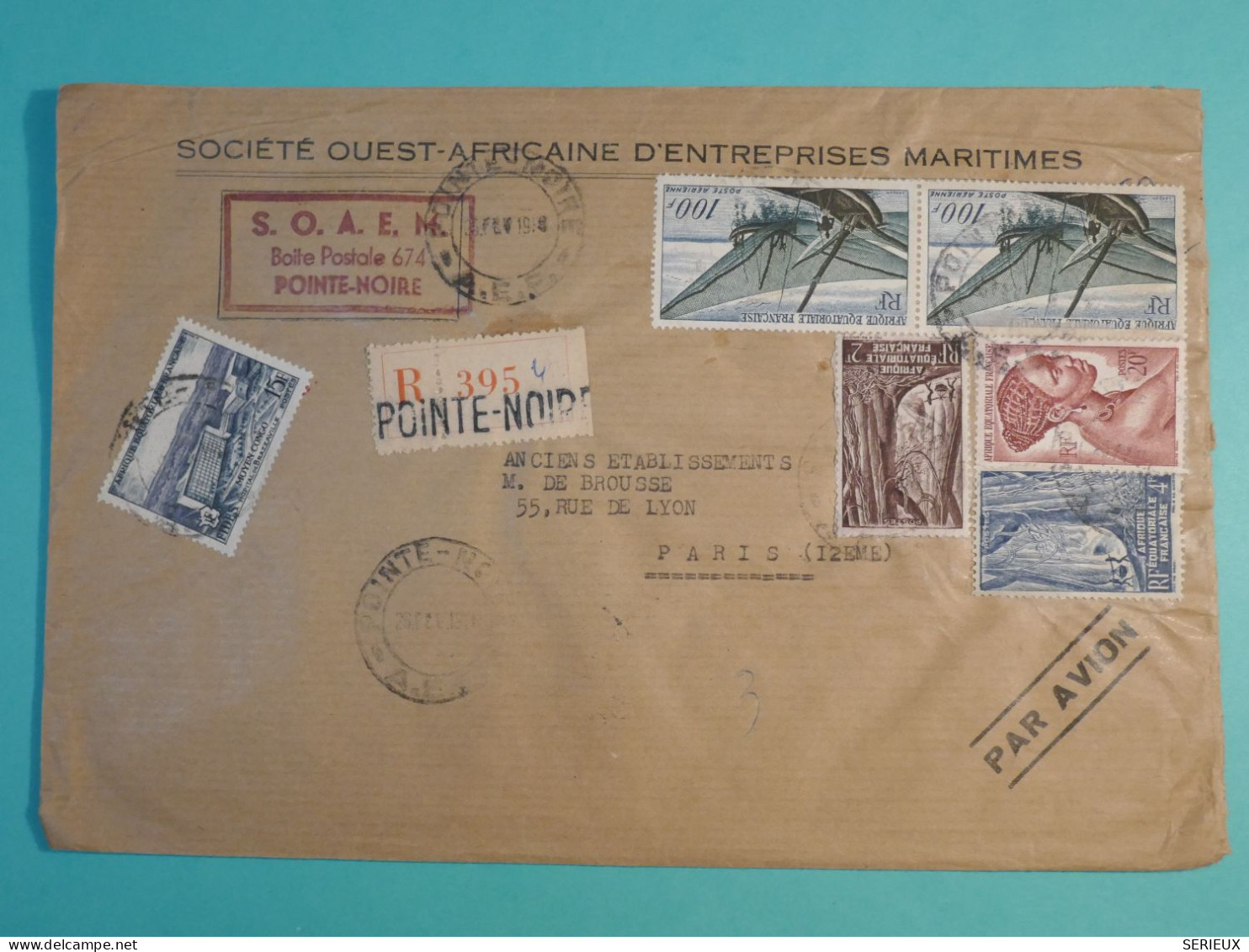 DI 12 AEF  BELLE  LETTRE  RECO. ENTREP. MARITIMES  1955 POINTE NOIRE A PARIS FRANCE  +++AFF. INTERESSANT+++ - Cartas & Documentos