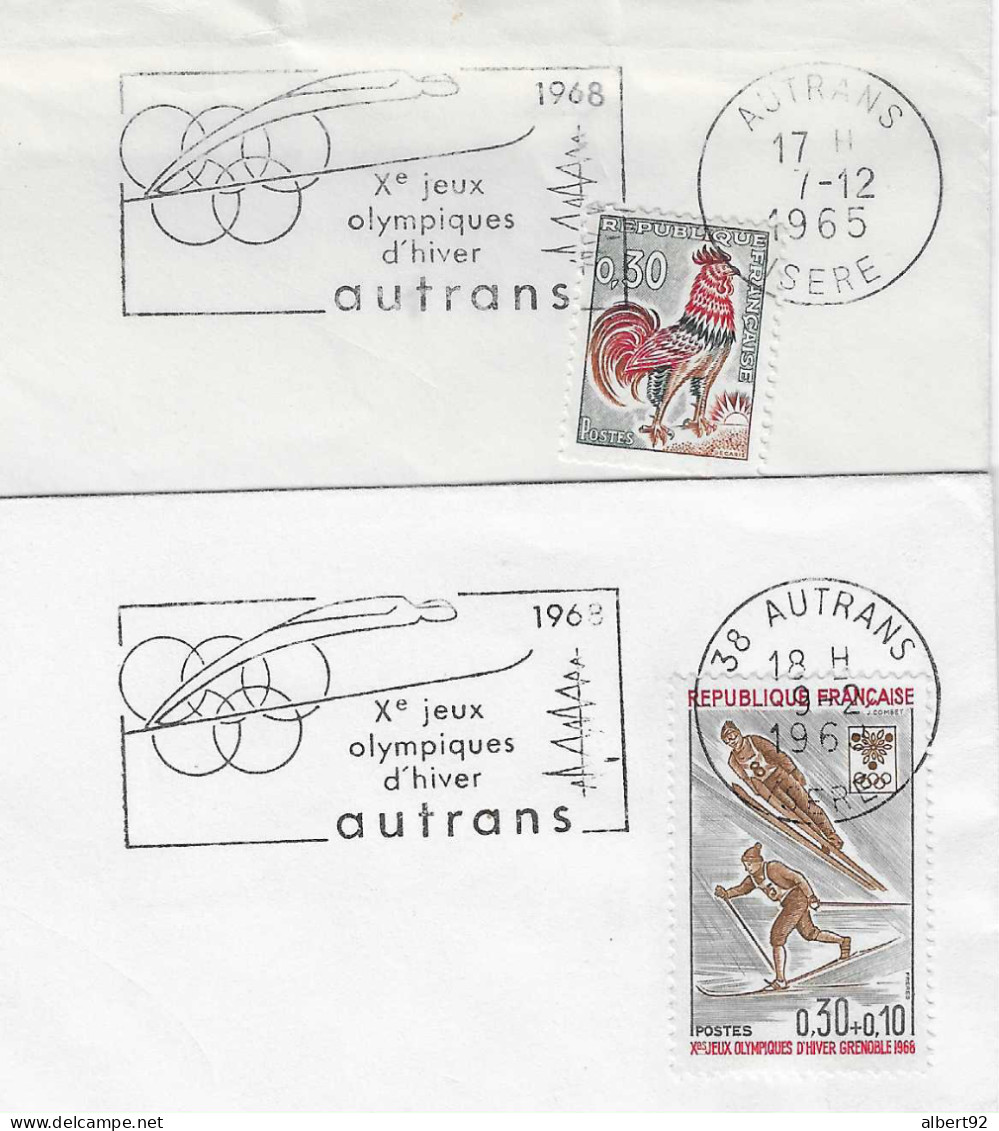 1965/68 Jeux Olympiques De Grenoble: Autrans Site Du Ski Nordique: Flamme Postale Sans Et Avec  Code Postal 38 - Hiver 1968: Grenoble