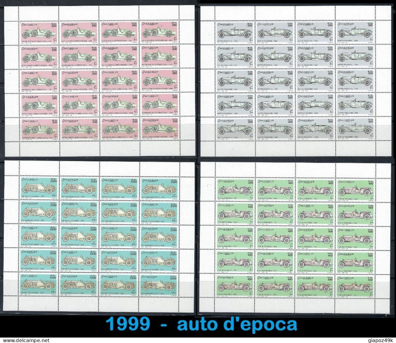 ● SOMALIA 1999 ֍ Auto Da Corsa D'epoca ֍ N. 679 / 682 ** ● 4 Fogli Di 20 Esemplari ● Cat. 200 € ● Lotto XX ● - Somalia (1960-...)