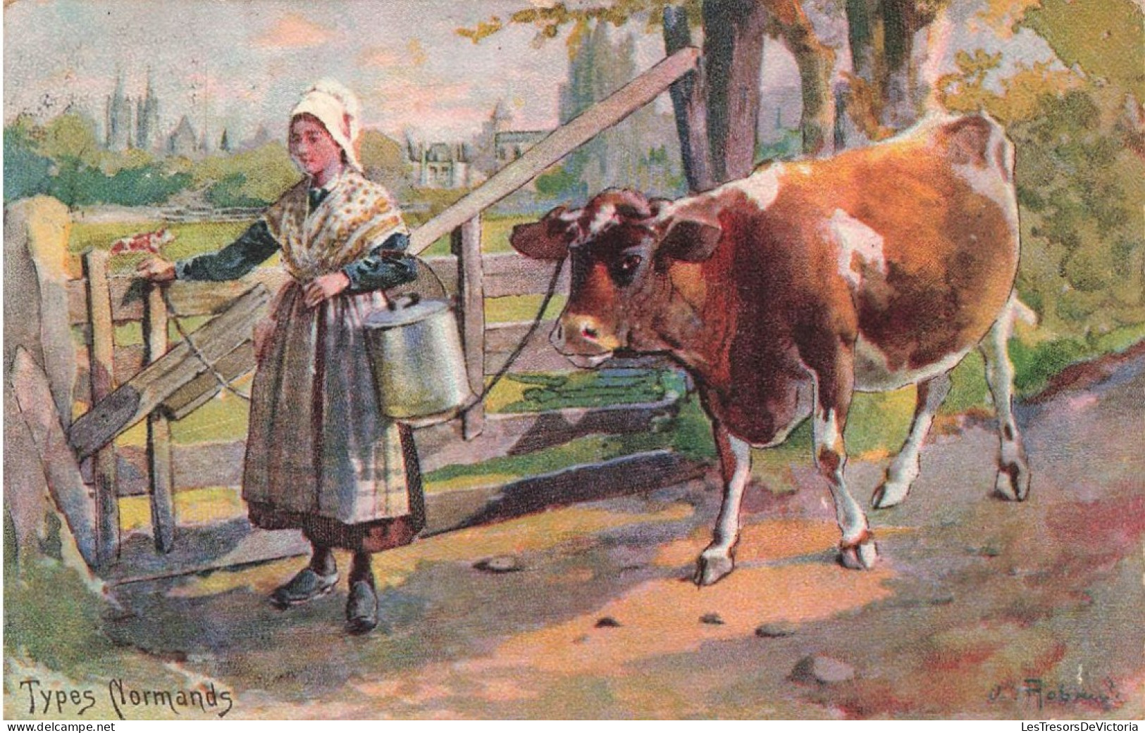 FOLKLORE - Costumes - Types Normands - Paysanne - Vache - Carte Postale Ancienne - Costumes