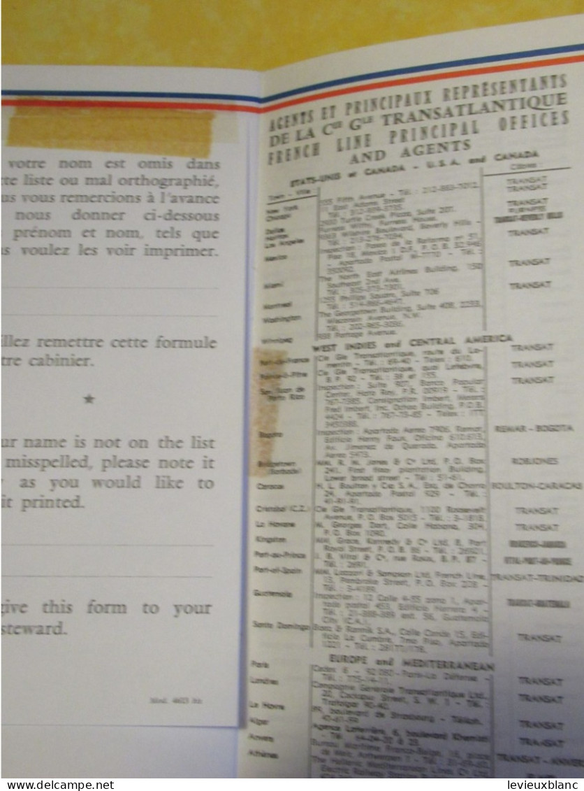 Paquebot " FRANCE"/Commandant Pettré /Le Havre -Southampton-New-York/Liste de Passagers/1972   MAR116