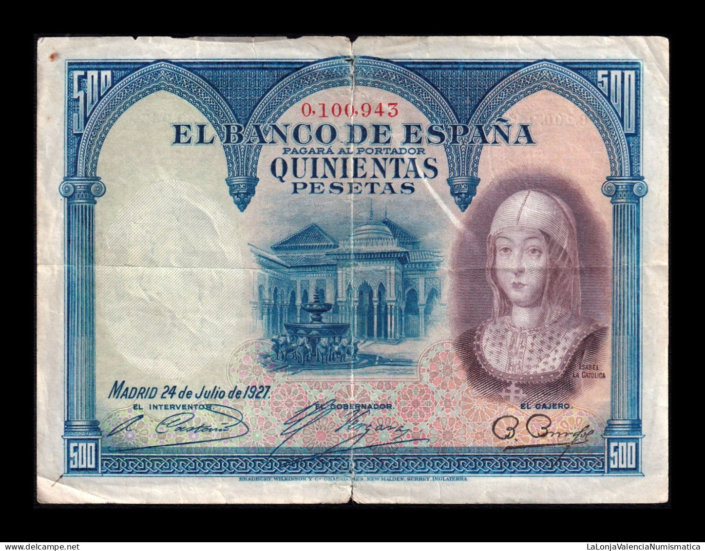 España Spain 500 Pesetas Isabel La Católica 1927 Pick 73 Sello En Seco Bc/+ F/+ - 500 Peseten