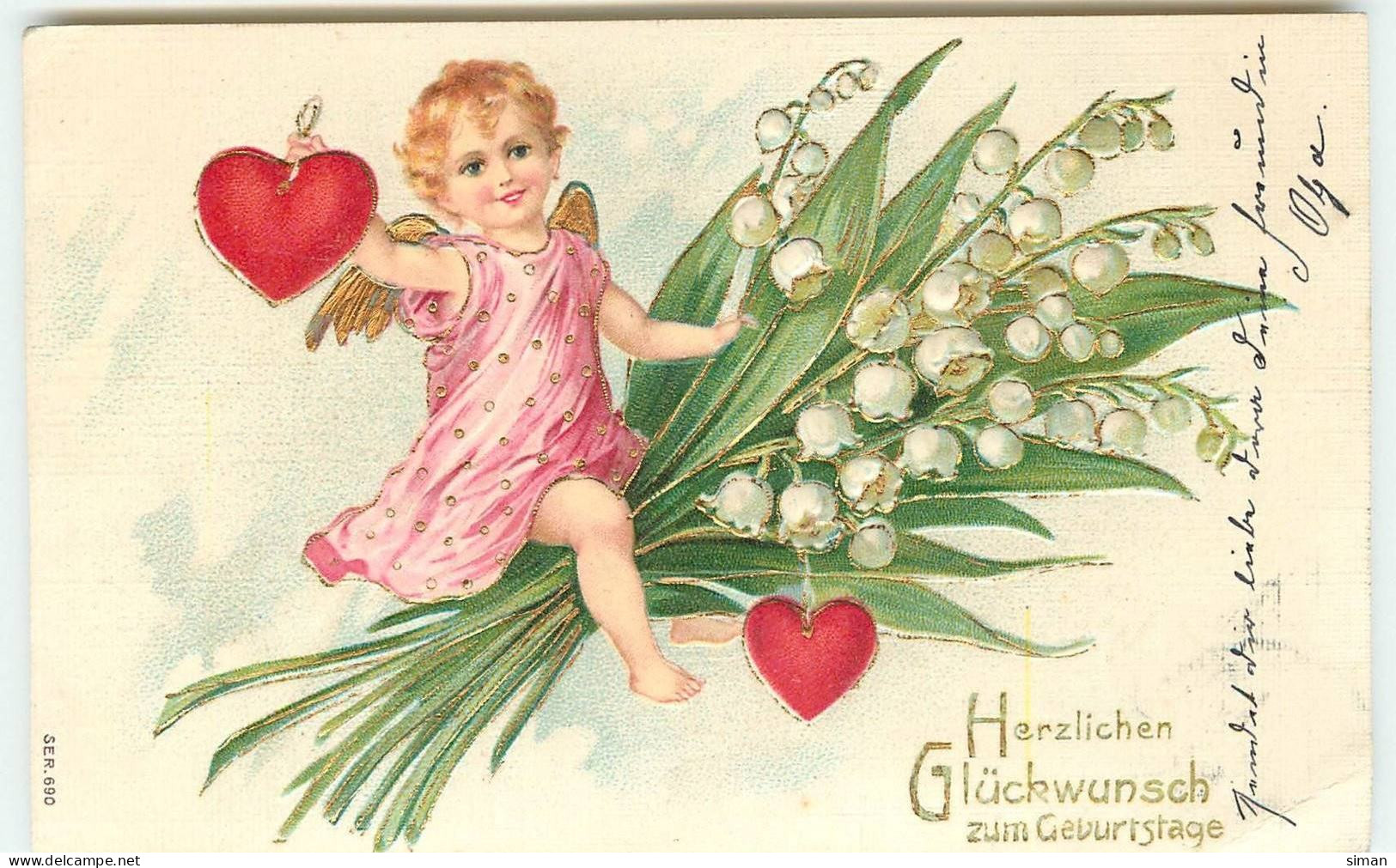 N°15737 - Carte Gaufrée - Herzlichen Glückwunsch Zum Geburtstage  - Ange Sur Des Brins De Muguet - Geburtstag