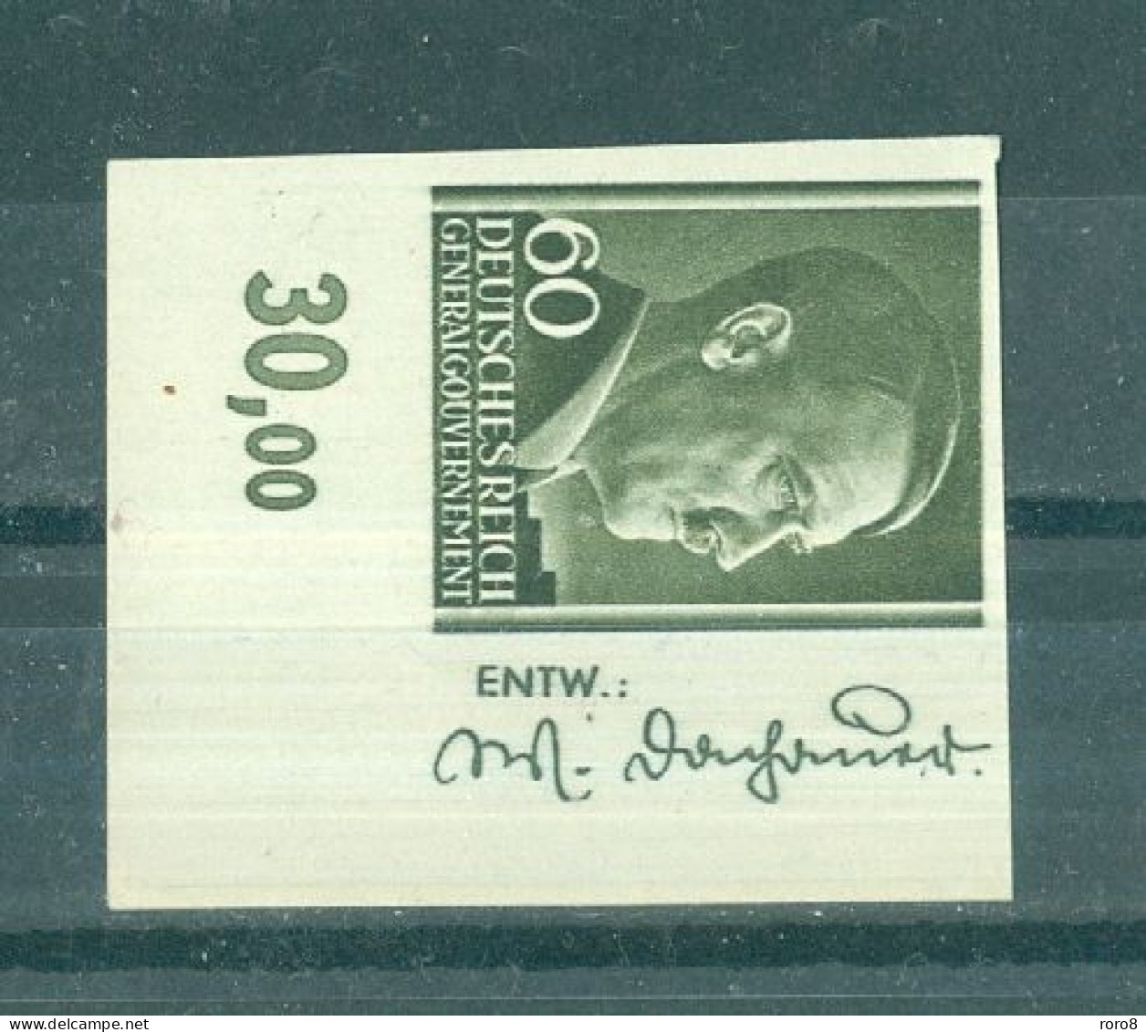 POLOGNE - N°95** MNH Luxe SCAN DU VERSO - Effigie D'Hitler. Non Dentelé. Avec Signature. - Governo Generale