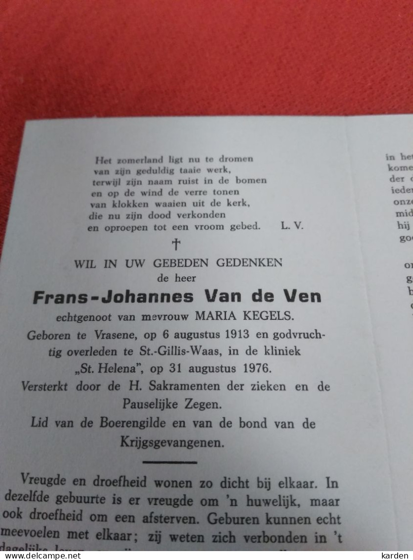 Doodsprentje Frans Johannes Van De Ven / Vrasene 6/8/1913 Sint Gillis Waas 31/8/1976 ( Maria Kegels ) - Religion & Esotérisme