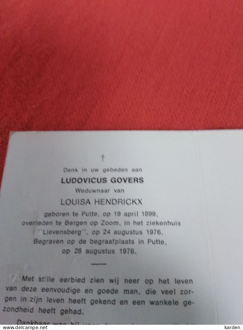 Doodsprentje Ludovicus Govers / Putte 19/4/1899 Bergen Op Zoom 24/8/1976 ( Louisa Hendrickx ) - Religion & Esotérisme