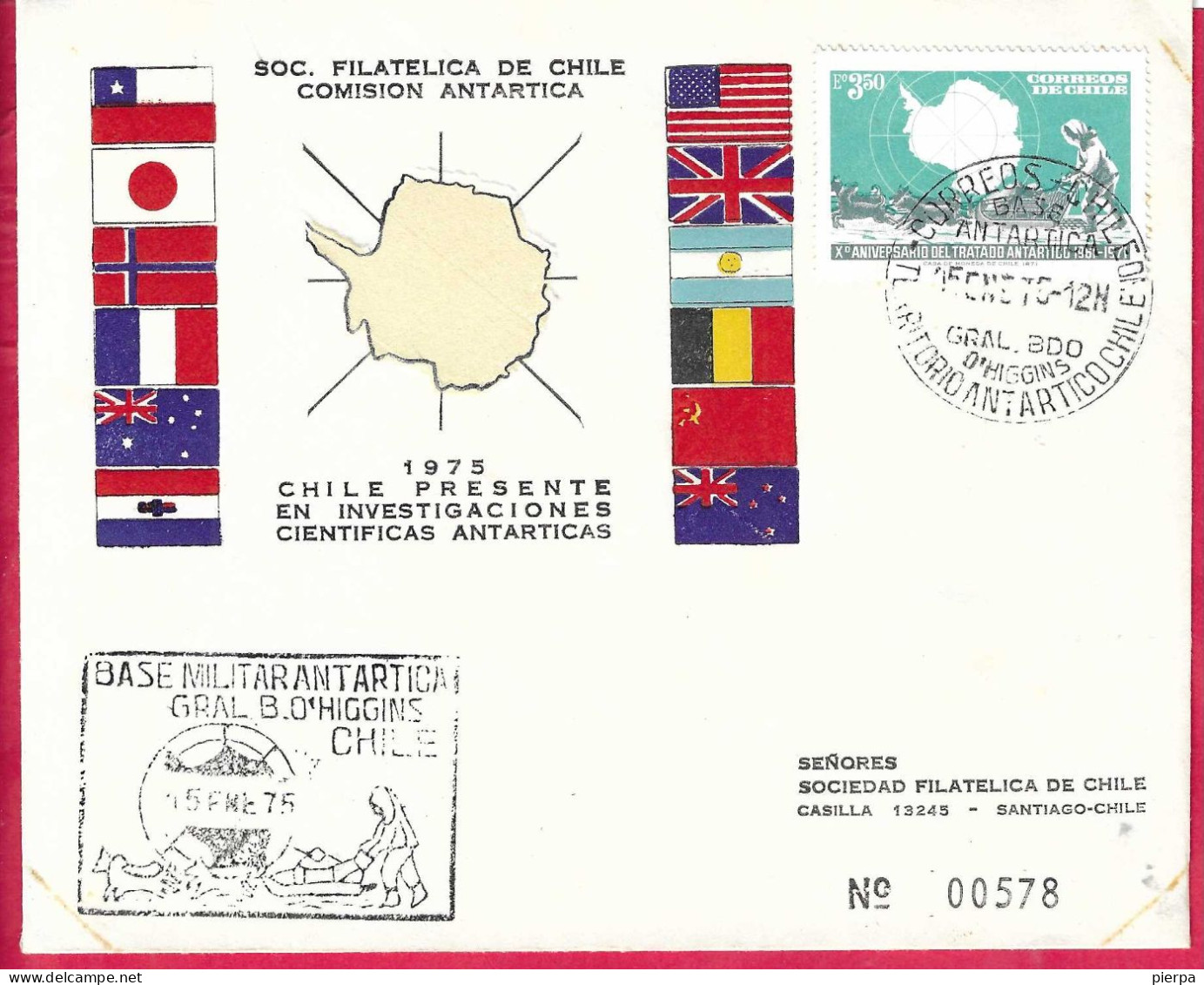 BASE MILITAR ANTARTICA HIGGINS - CHILE - SU BUSTA GRANDE UFFICIALE NUMERATA - ANNULLO SPECIALE *15. FRE. 75* - Bases Antarctiques