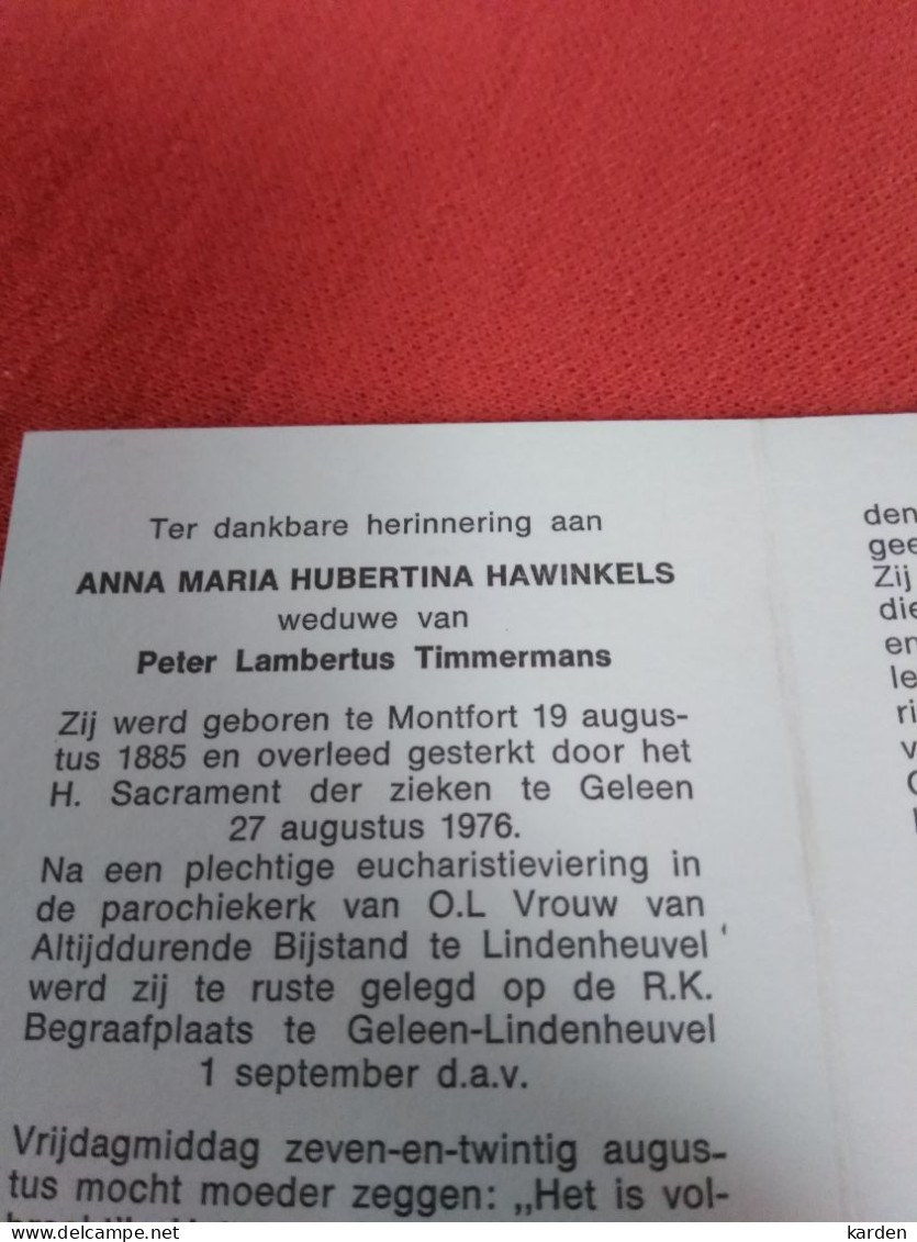 Doodsprentje Anna Maria Hubertina Hawinkels - Montfort 19/8/1885 Geleen 27/8/1976 ( Peter Lambertus Timmenmans ) - Religion & Esotérisme