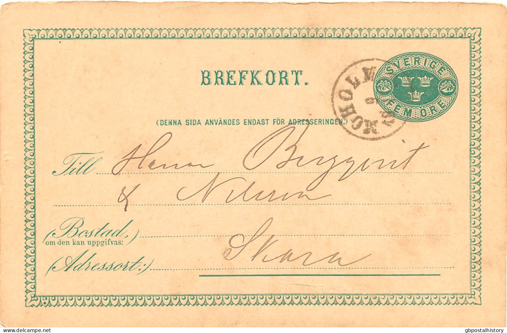 SCHWEDEN 1889, "MOHOLM" Selt. K1 Glasklar A. 5 (FEM) Öre Grün GA-Postkarte, Bed.-Erhaltung    SWEDEN VILLAGE POSTMARKS - 1885-1911 Oscar II