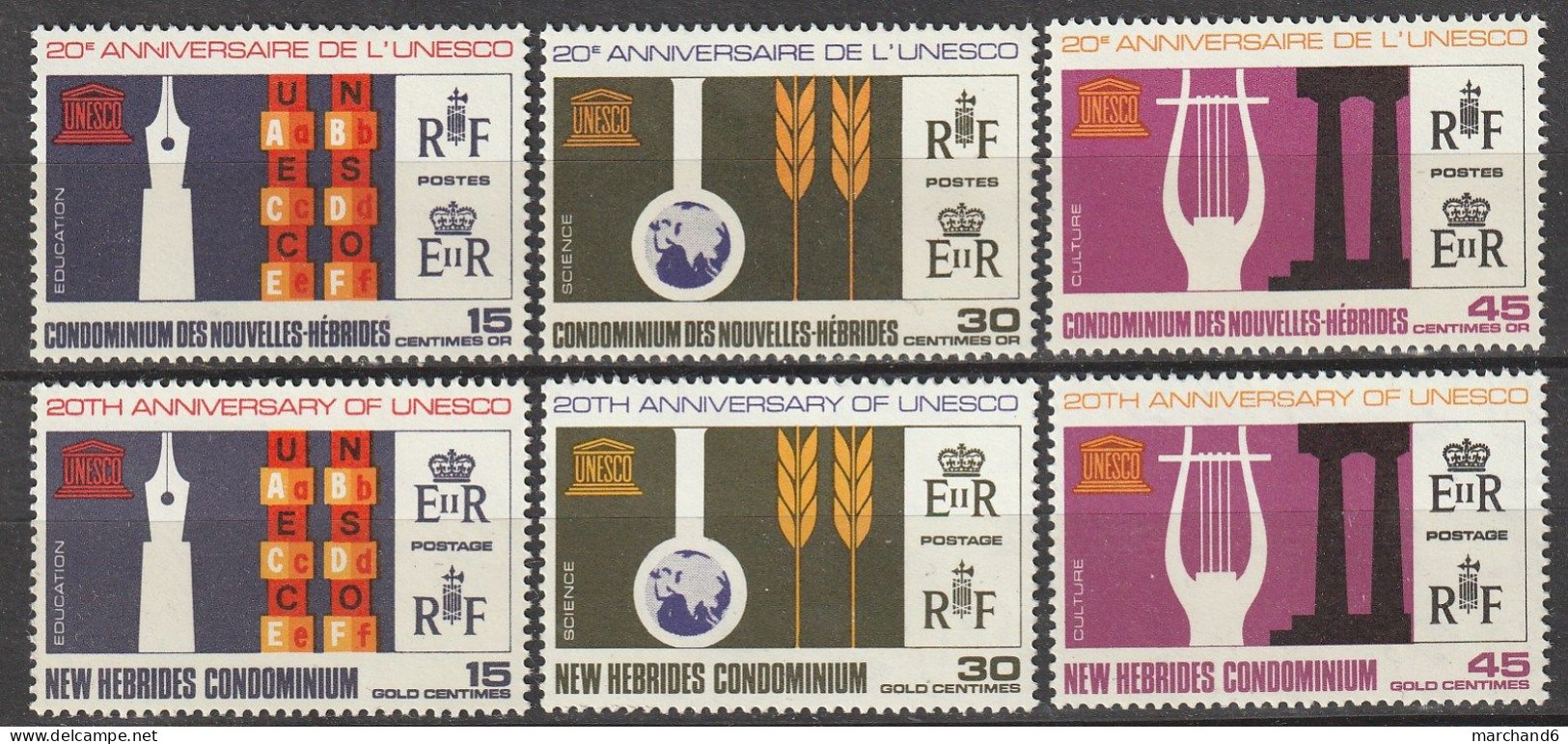 Nouvelles Hébrides 20e Anniversaire De L U.N.E.S.C.O Francaise Anglaise1966 N°249/254 Neuf** - Unused Stamps