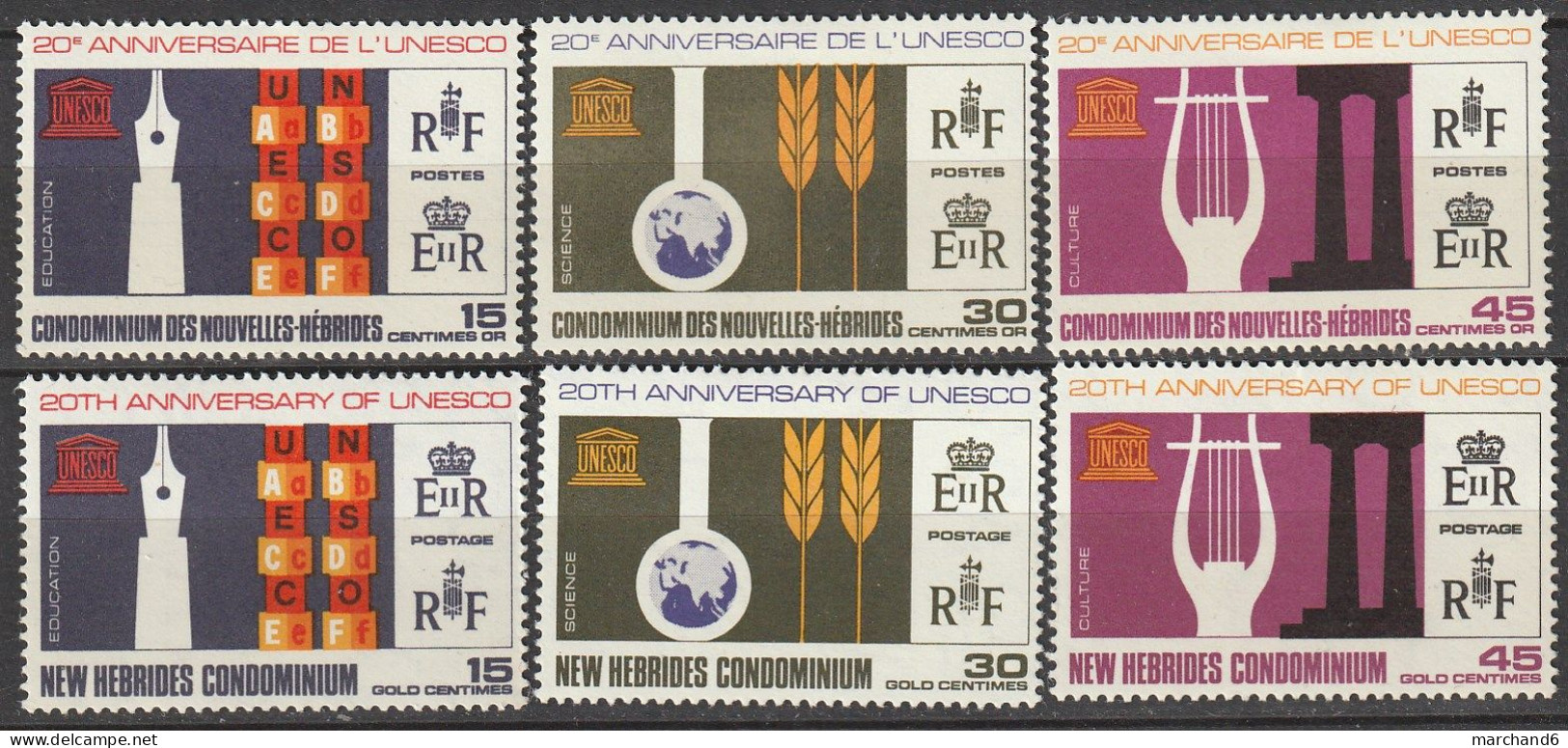 Nouvelles Hébrides 20e Anniversaire De L U.N.E.S.C.O Francaise Anglaise1966 N°249/254 Neuf*charnière - Unused Stamps