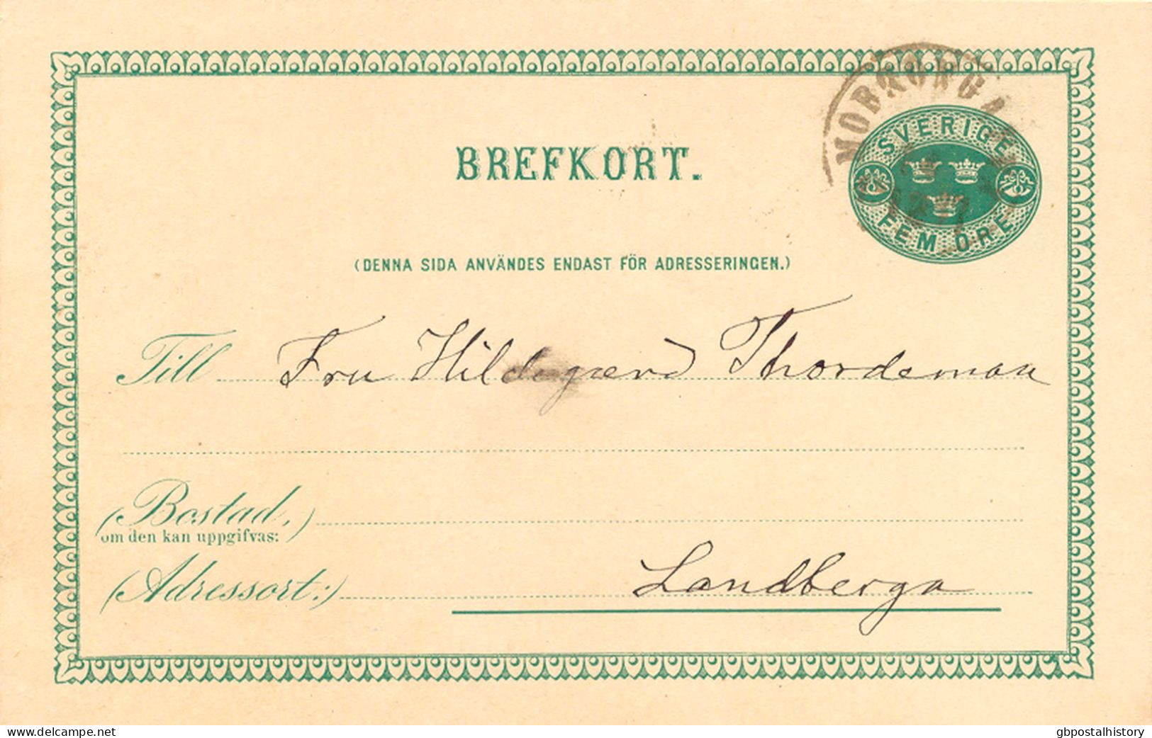 SCHWEDEN 1887 "MORGONGÂFVA" (MORGONGÄVA) Selt. K1 Klar A. 5 (FEM) Öre Grün GA-Postkarte, Pra.   SWEDEN VILLAGE POSTMARKS - 1885-1911 Oscar II