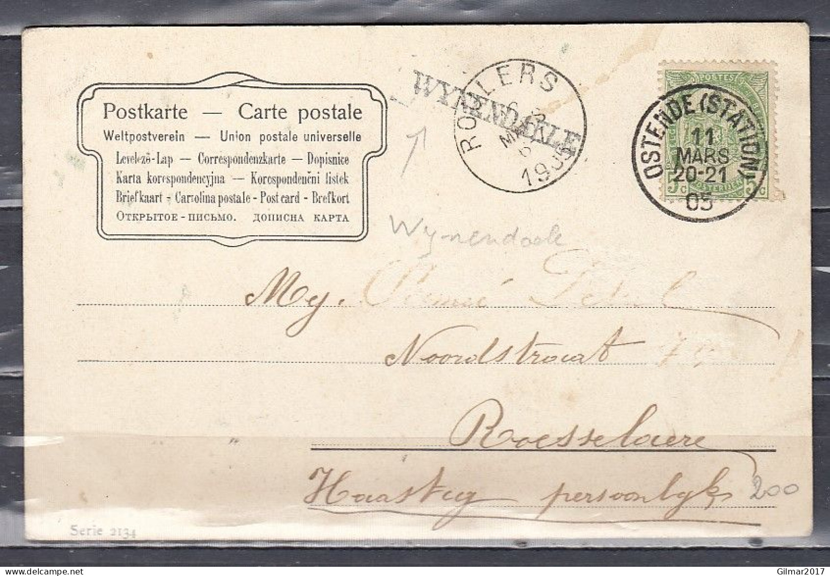 Postkaart Van Ostende (Station) Naar Roeselare Met Langstempel Wynendaele - Griffes Linéaires