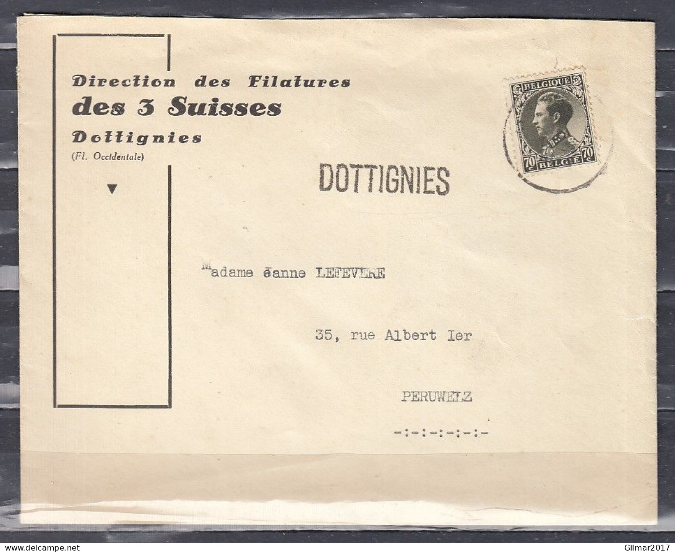 Brief Van Dottignies Naar Peruwelz Met Langstempel Dottignies - Linear Postmarks