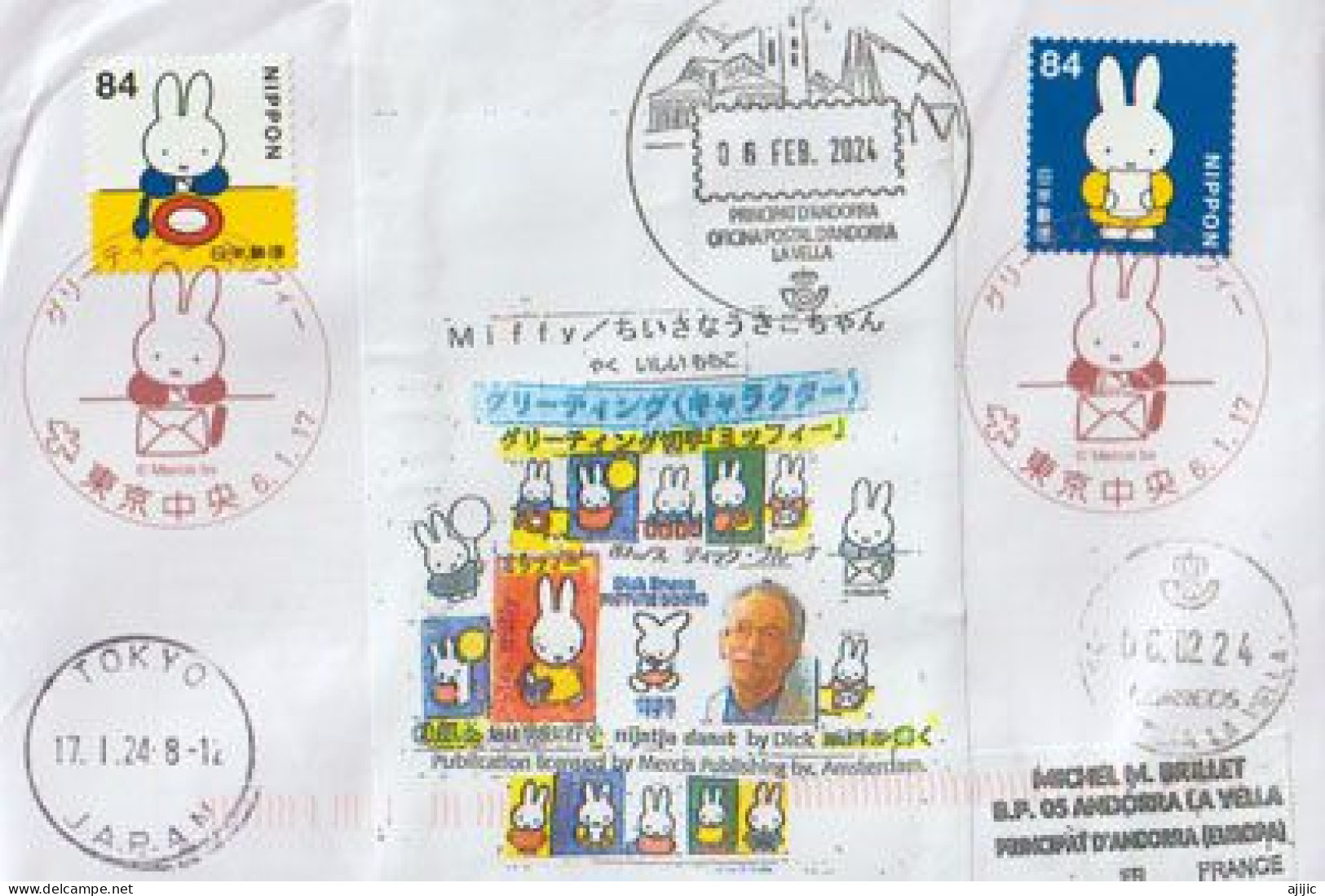 Petit Lapin Miffy, Little Rabbit Miffy (Dick Bruna) Letter From Tokyo To Andorra, With Arrival Postmark - Lettres & Documents