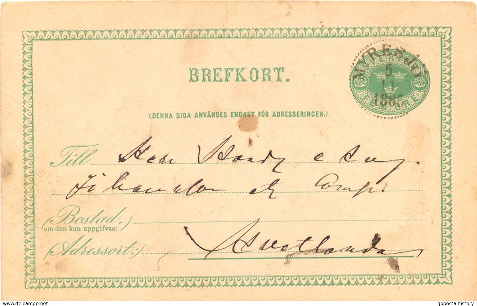 SCHWEDEN 1885 "MYRESJÖ" Sehr Selt. K1 Klar A. 5 (FEM) Öre Grün GA-Postkarte, Bedarfserhaltung   SWEDEN VILLAGE POSTMARKS - 1885-1911 Oscar II