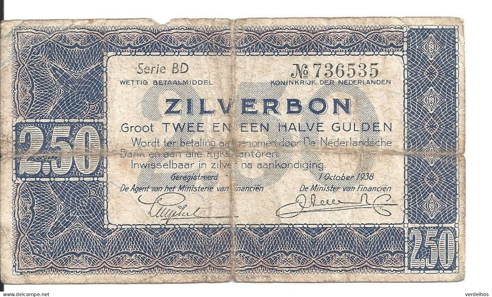 PAYS-BAS 2.50 GULDEN 1938 VG+ P 62 - 2 1/2 Florín Holandés (gulden)