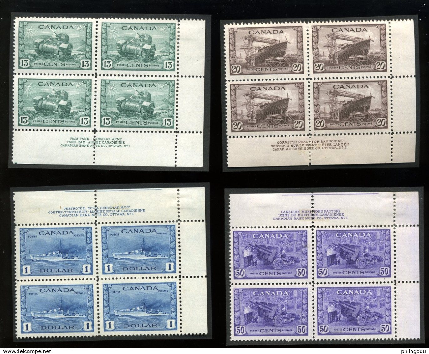 Grosses Valeurs CANADA  Blocs De 4 Inscriptions Marginale  Deux ** Et Deux Avec Charnière  Bateau Tank Canon - Unused Stamps