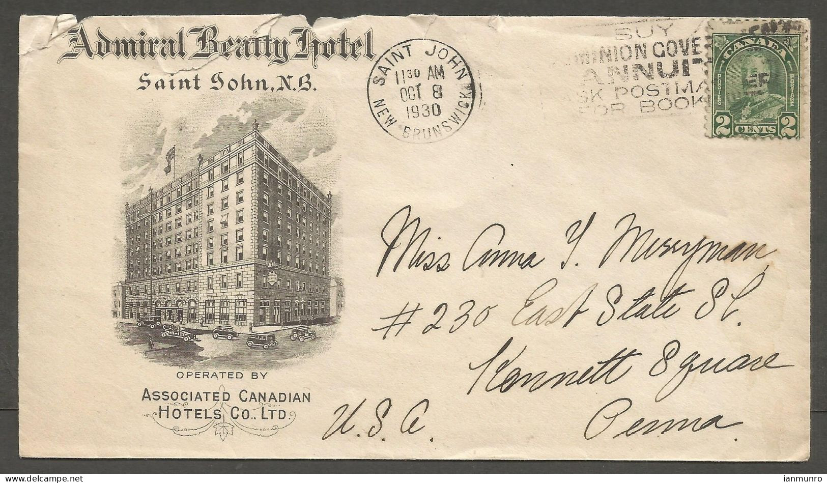 1930 Admiral Beatty Hotel Illustrated Advertising Cover 2c Slogan Saint John NB New Brunswick - Histoire Postale