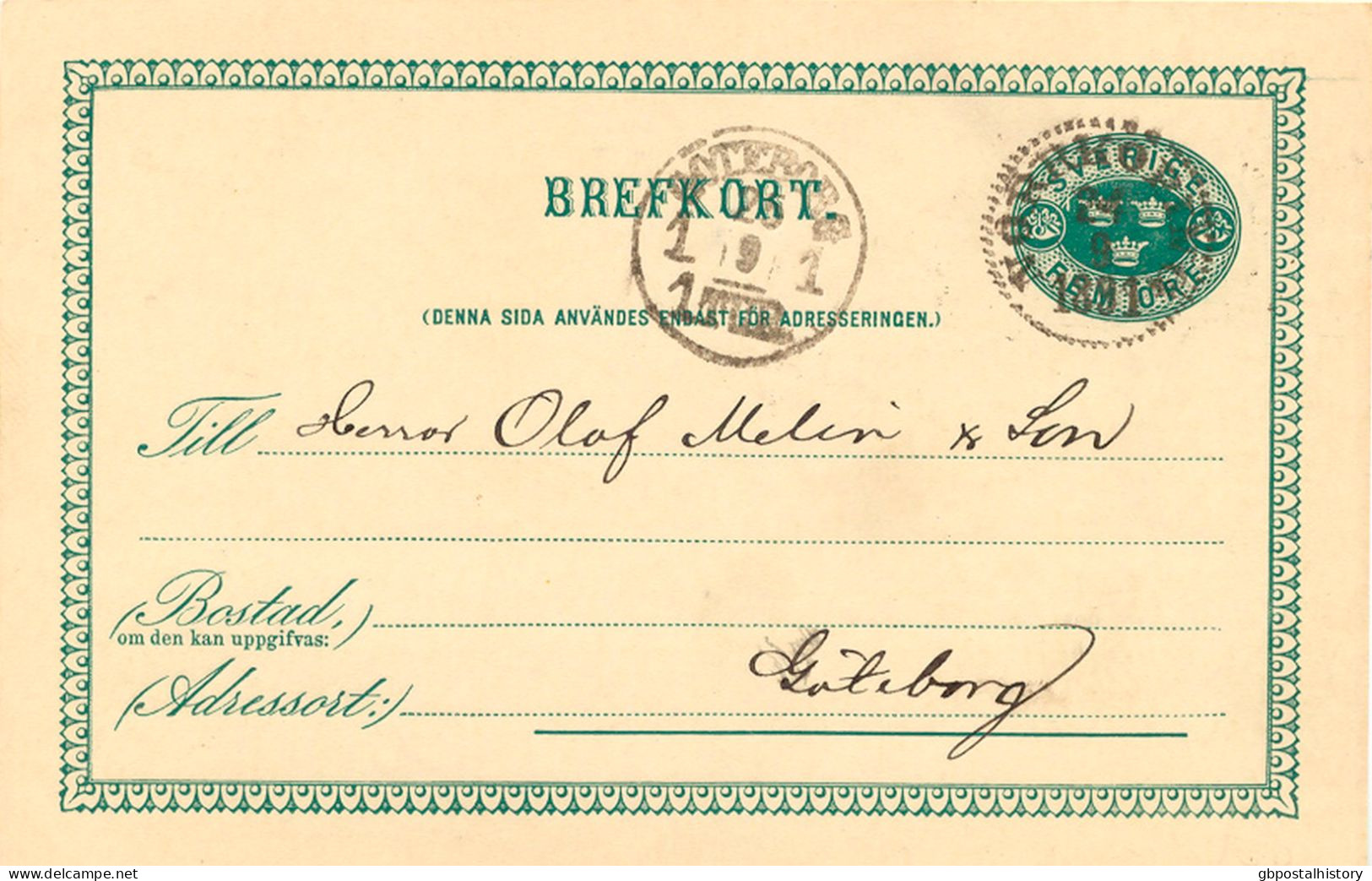 SCHWEDEN 24.9.1891, "NORRKÖPING" K1 Glasklar Und "GÖTEBORG 1 1 TUR" A. 5 (FEM) Öre Grün GA-Postkarte, Kab. - 1885-1911 Oscar II