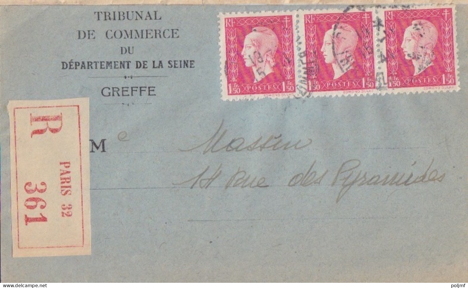 Lettre Recommandée Du Tribunal De Commerce Obl. Paris 32 Le 15/11/44 Sur 1f50 Dulac N° 691 X 3 (tarif Du 5/1/42) - 1944-45 Marianne Of Dulac