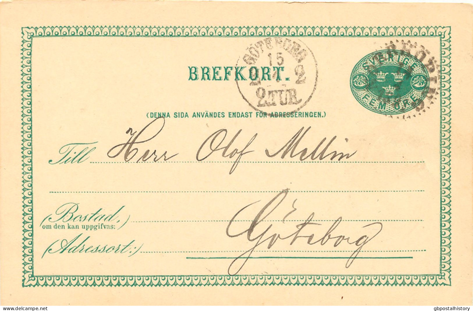 SCHWEDEN 14.4.1891, "NORRKÖPING" K1 Klar Und "GÖTEBORG 2 2.TUR" A. 5 (FEM) Öre Grün GA-Postkarte, Pra.    SWEDEN VILLAGE - 1885-1911 Oscar II