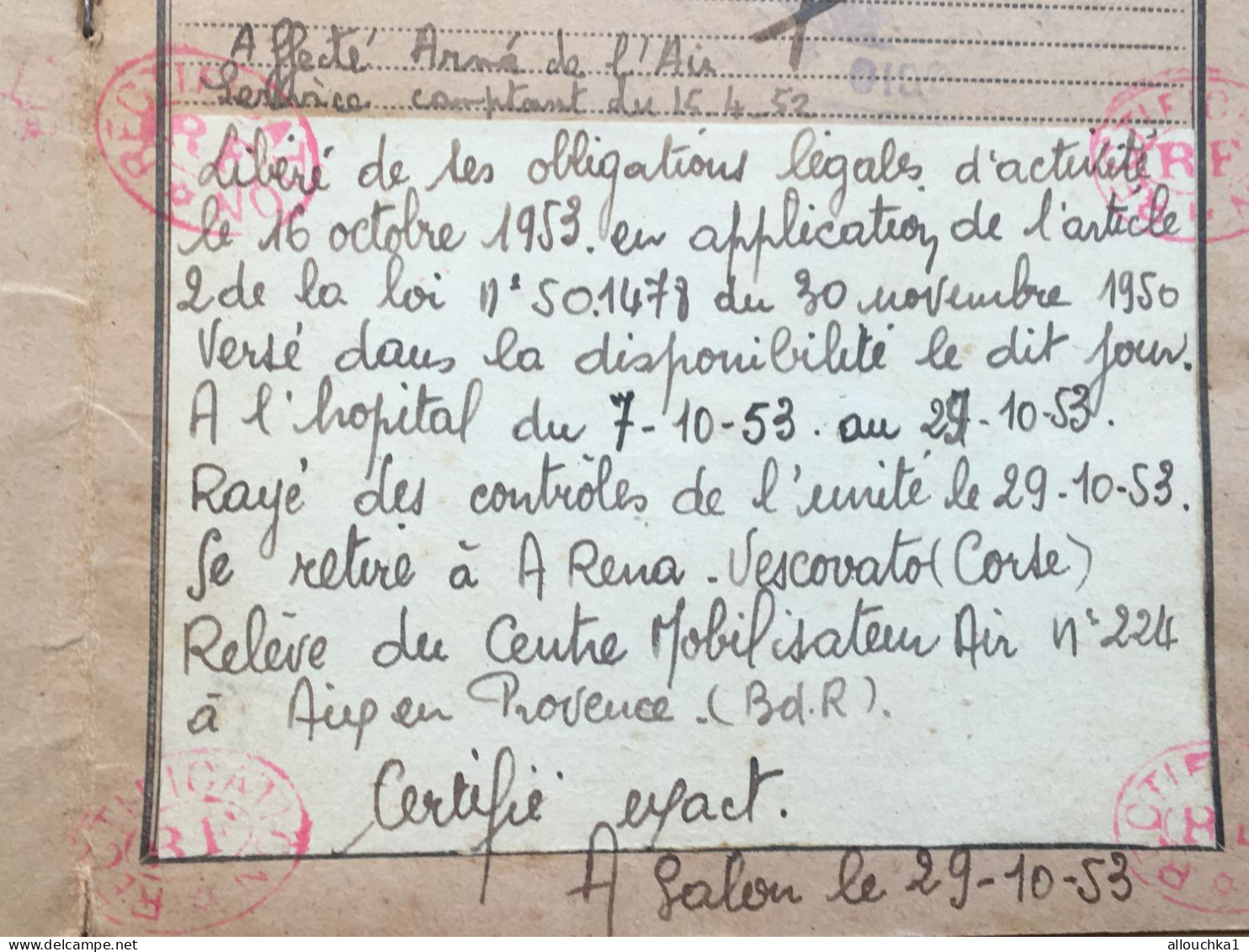 Base aérienne Salon-Bataillon Air 1/701 Livret Militaire-Coupon Transport-Mobilisation-Corse-Corsica-Fior.César-Ajaccio