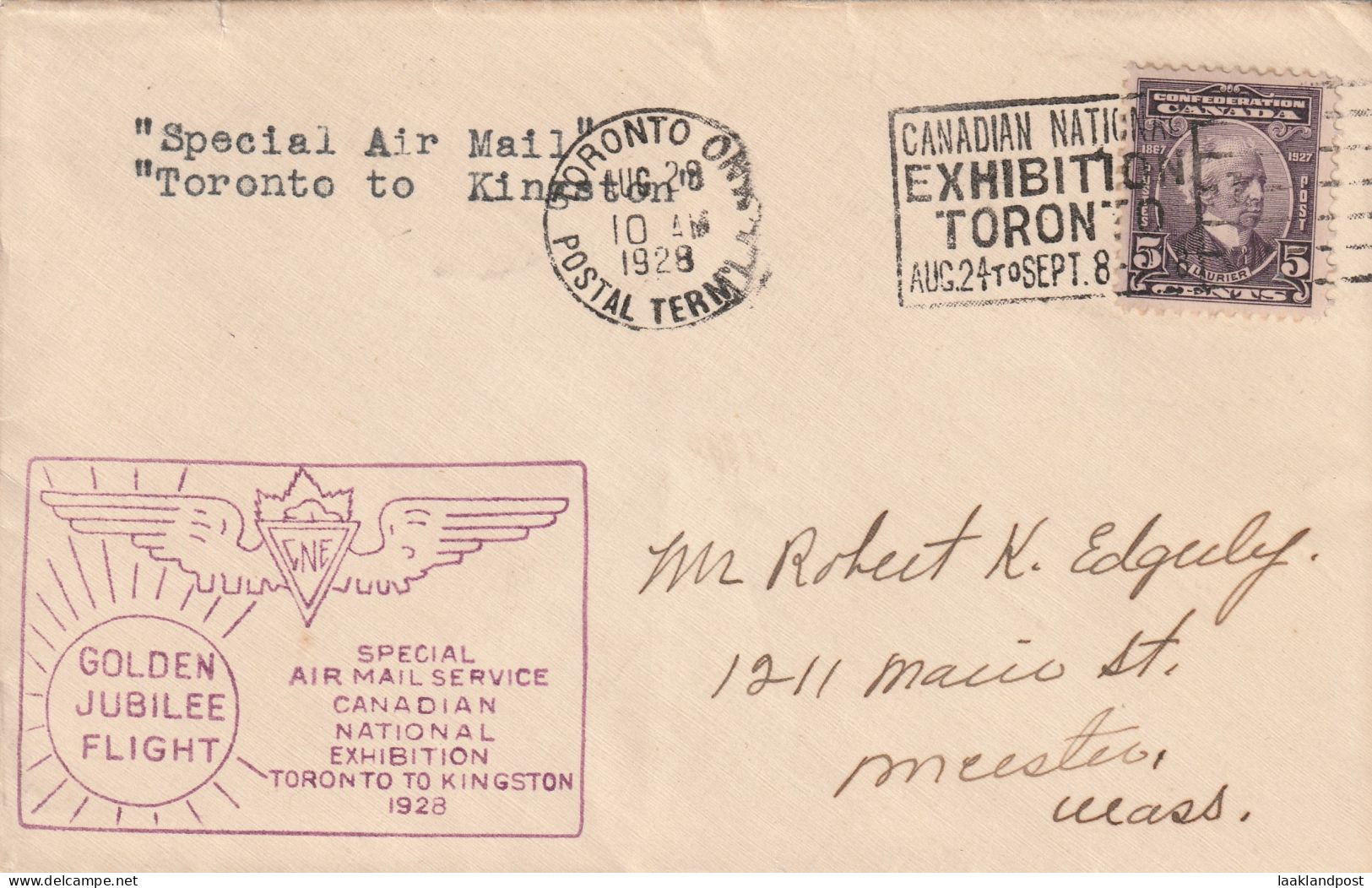 Canada Special Airmail Toronto To Kingston 1928 Exhibition Toronto - Poste Aérienne