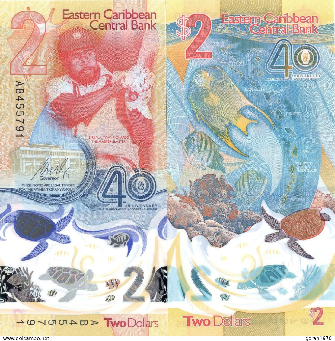 EAST CARRIBEAN 2 Dollars 2023/2024 UNC, P-47 Polymer Commemorative - East Carribeans