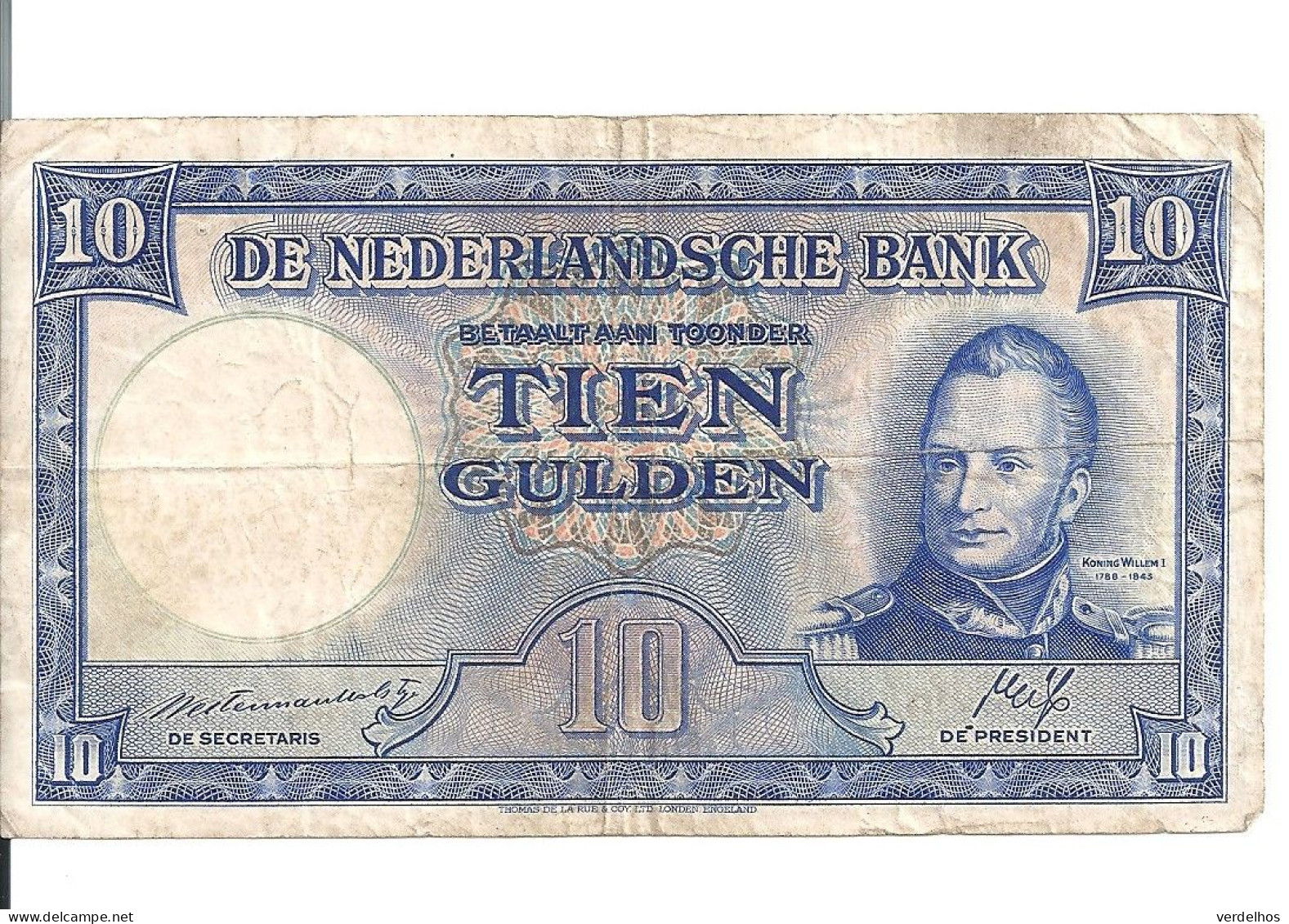 PAYS-BAS 10 GULDEN 1945 VF P 75 A - 1 Gulde