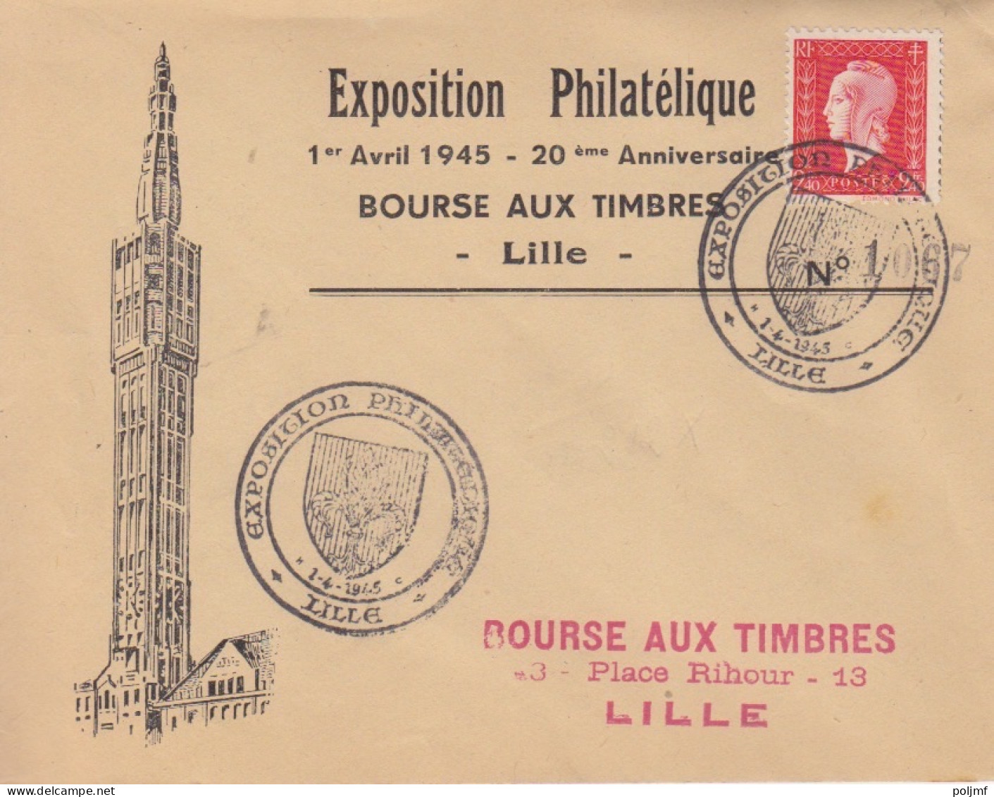 Lettre Obl. Cachet événementiel Exposition Philatélique Lille Le 1/4/45 Sur 2f40 Dulac N° 693 (tarif Du 1/3/45) - 1944-45 Marianne (Dulac)