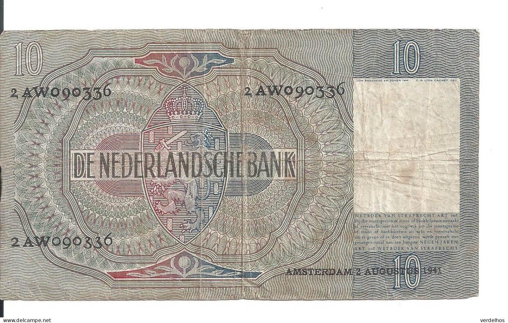 PAYS-BAS 10 GULDEN 1941 VF P 56 B - 10 Florín Holandés (gulden)