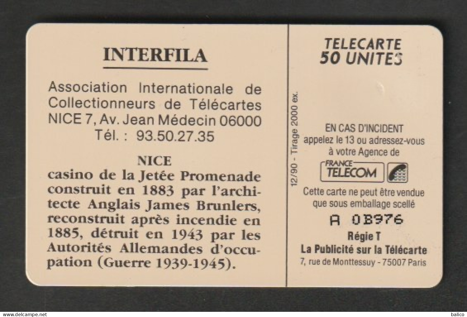 Interfila Nice - Casino De La Jetée Promenade - 50 Unités SO3 - - Réf, E69 / Argus 1999 - Phonecards: Private Use
