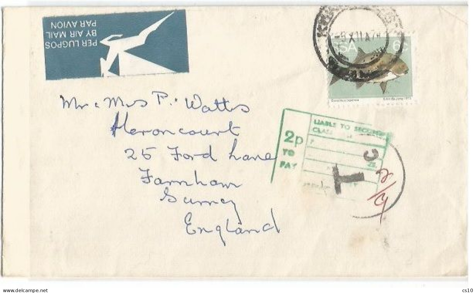 South Africa AirmailCV Kimberley 5dec1974 With Regular C6 Underfranked AND Taxed 2/9 On PMK 2p In UK - Cartas & Documentos