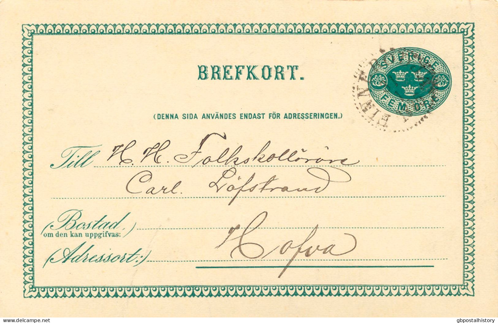 SWEDEN January 31, 1895, "FINNERÖDJA" K1 On 5 (FEM) ÖRE Green Postal Stationery Postcard - 1885-1911 Oscar II