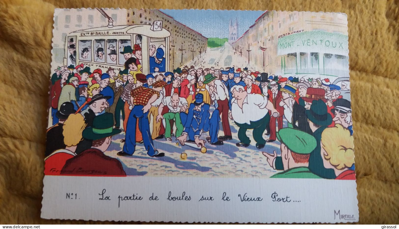 CPSM MARSEILLE LA PARTIE DE BOULES SUR LE VIEUX PORT ED MIREILLE N°1 TRAMWAY COHUE DESSIN F BOURGEOIS - Petanca