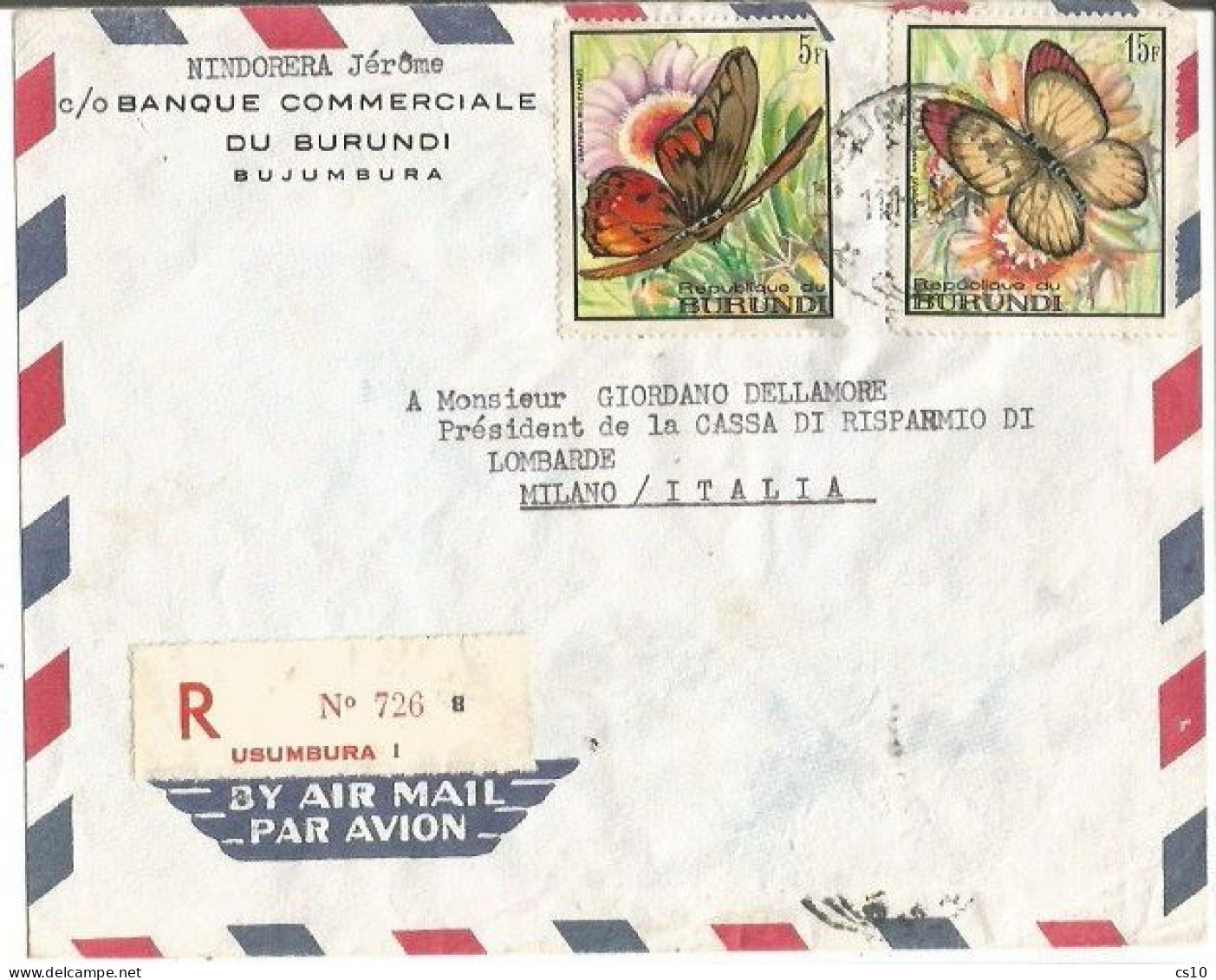 Burundi Registered AirmIal Bank Cover Bujumbura 11nov1968 X Italy With 2 Butterfly Stamps ( 2 Stamps Missed ) - Lettres & Documents