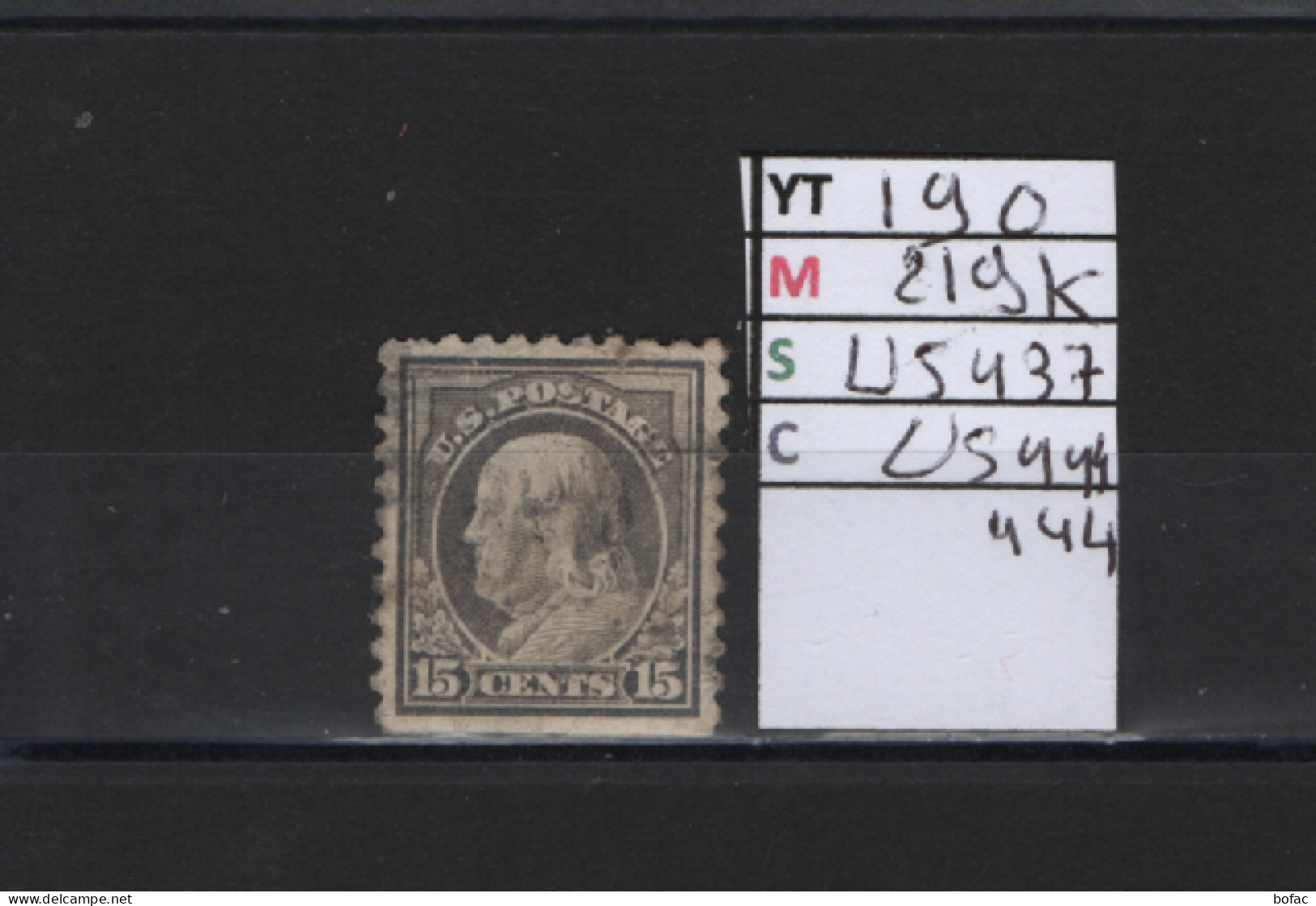 PRIX FIXE Obl 190 YT 219K MIC US437 SCOT US444 GIB  Benjamin Franklin  1912 1915 Etats Unis 58/06 Dentelé 3 Cotés - Used Stamps