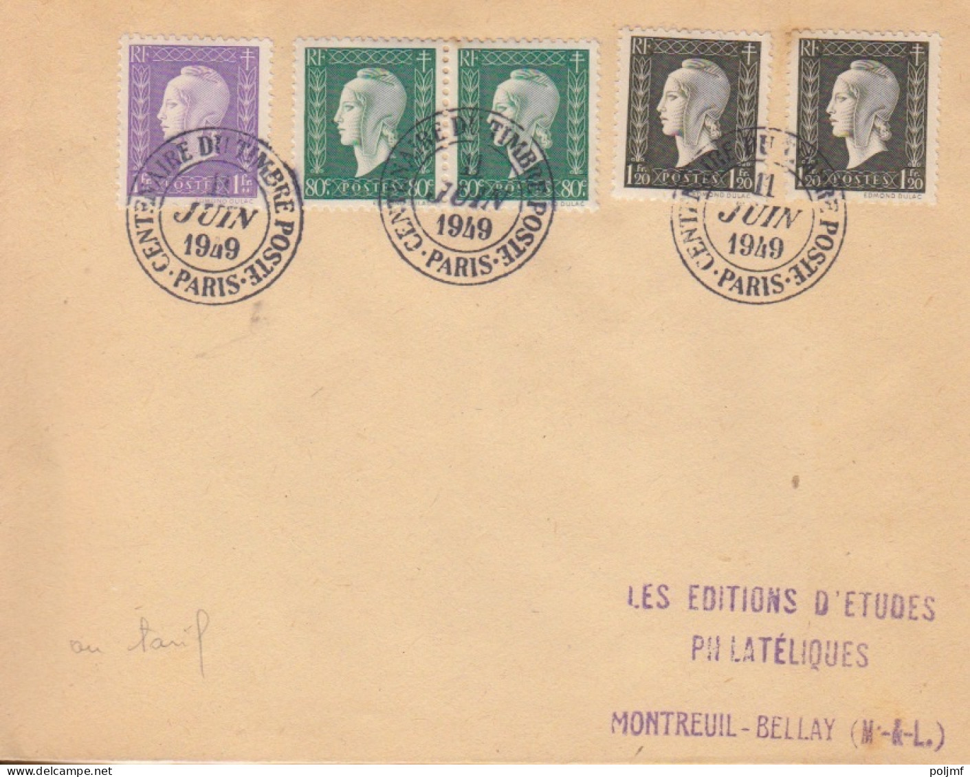 Lettre Obl. Cachet événementiel Centenaire Du Timbre Paris Le 11 Juin 49 Sur 80c X 2, 1f, 1f20 X 2 Dulac N° 688, 689, 69 - 1944-45 Maríanne De Dulac