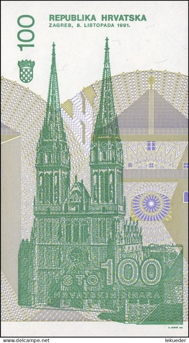 Billete De Banco De CROACIA - 100 Dinara, 1991  Sin Cursar - Croatie