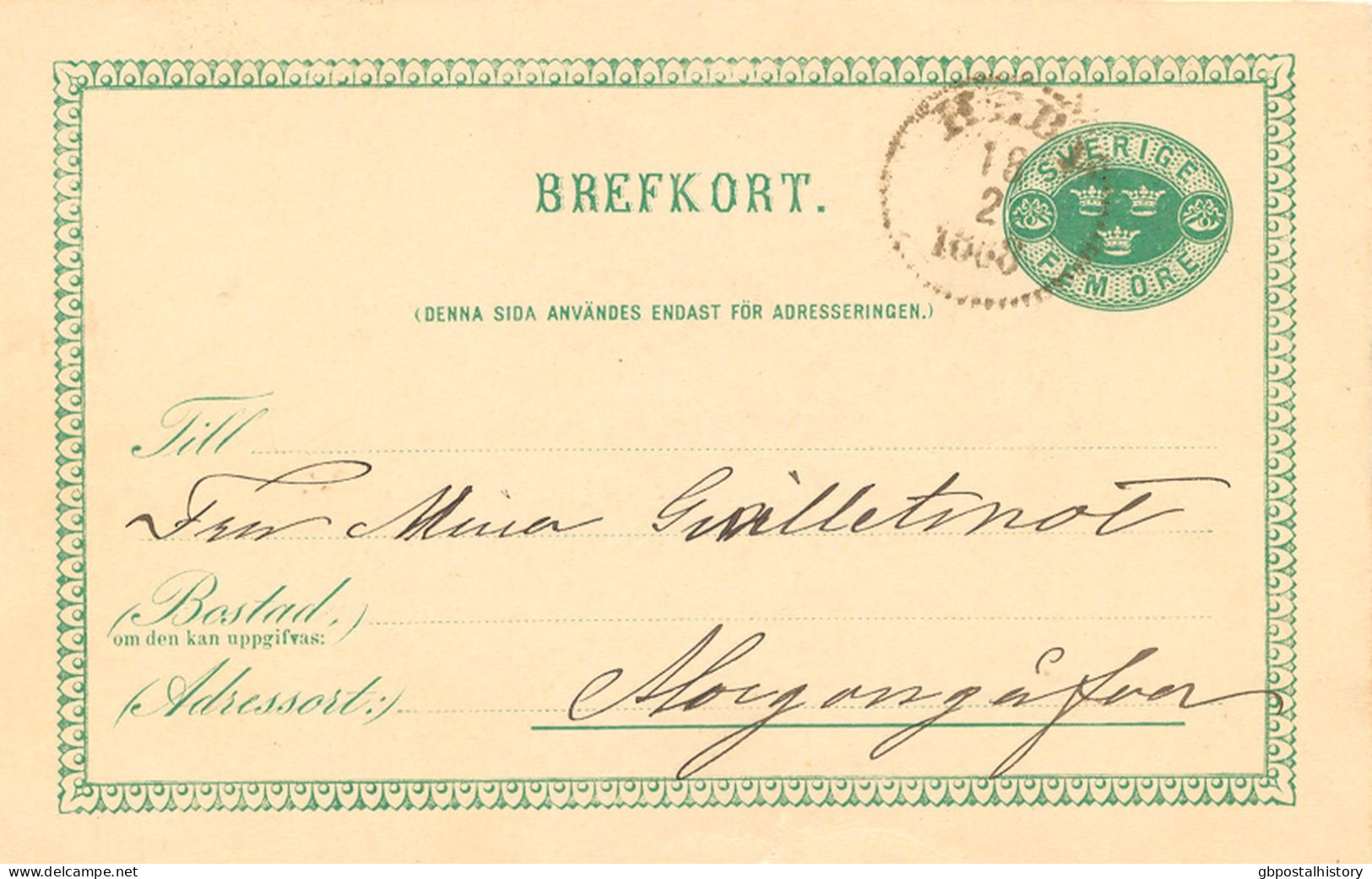 SWEDEN February 18th, 1888, "HEBY" K1 On 5 (FEM) ÖRE Green Postal Stationery Postcard, Small Tear At Bottom - 1885-1911 Oscar II