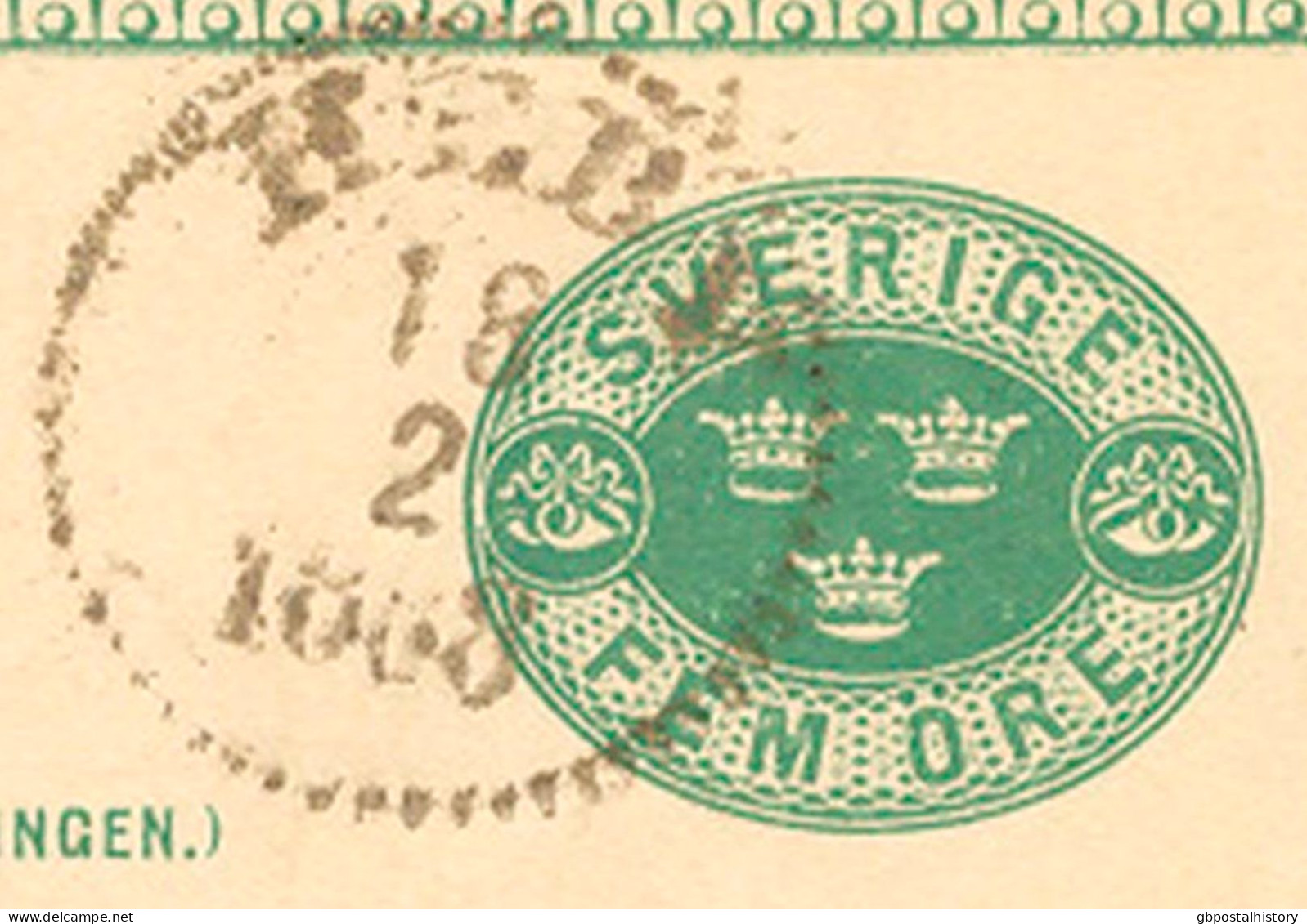 SWEDEN February 18th, 1888, "HEBY" K1 On 5 (FEM) ÖRE Green Postal Stationery Postcard, Small Tear At Bottom - 1885-1911 Oscar II