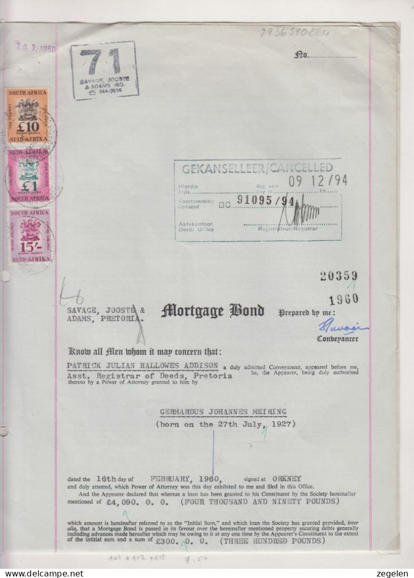 Zuid-Afrika Fiskale Zegel(revenue) Cat. J Barefoot: Revenue JAAR 1959 101+102+105 Op Volledig Dokument - Andere & Zonder Classificatie