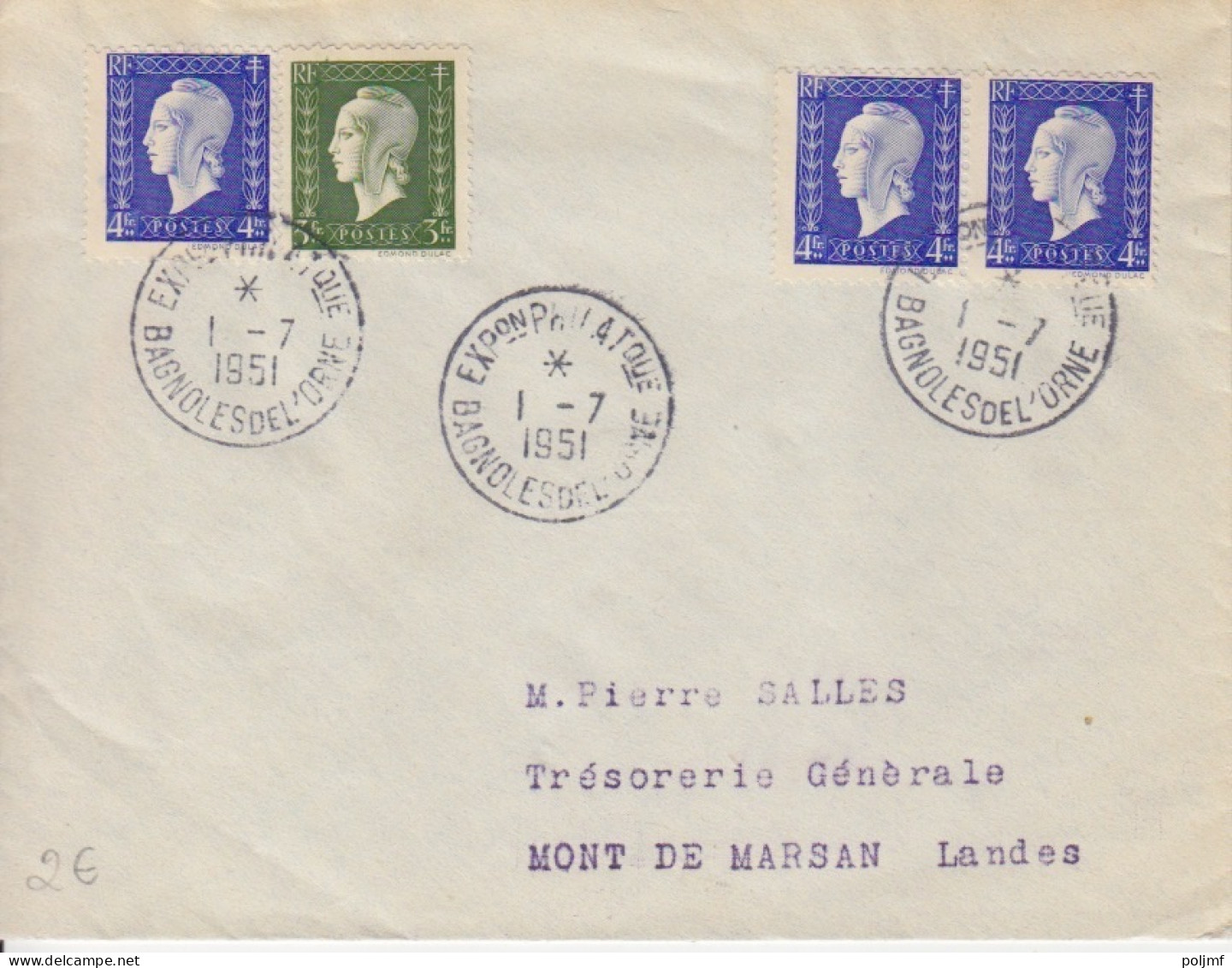 Lettre Obl. Cachet événementiel Expo Philatélique Bagnoles De L'Orne Le 1/7/51 Sur 3f, 4f X 3 Dulac N° 694, 695 - 1944-45 Marianne Of Dulac